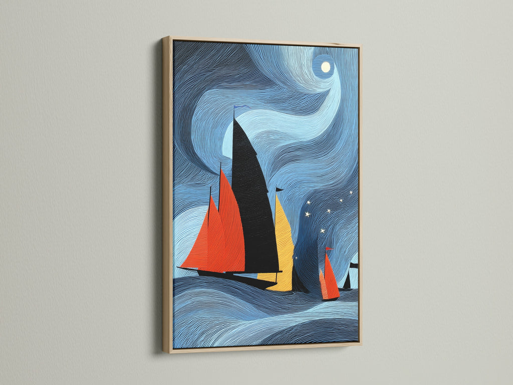 A captivating sailboat nautical print displayed in an oak frame. The art piece showcases vibrant sailboats against a stylized ocean backdrop. The oak frame enhances the warmth and coastal charm of this modern nautical artwork.