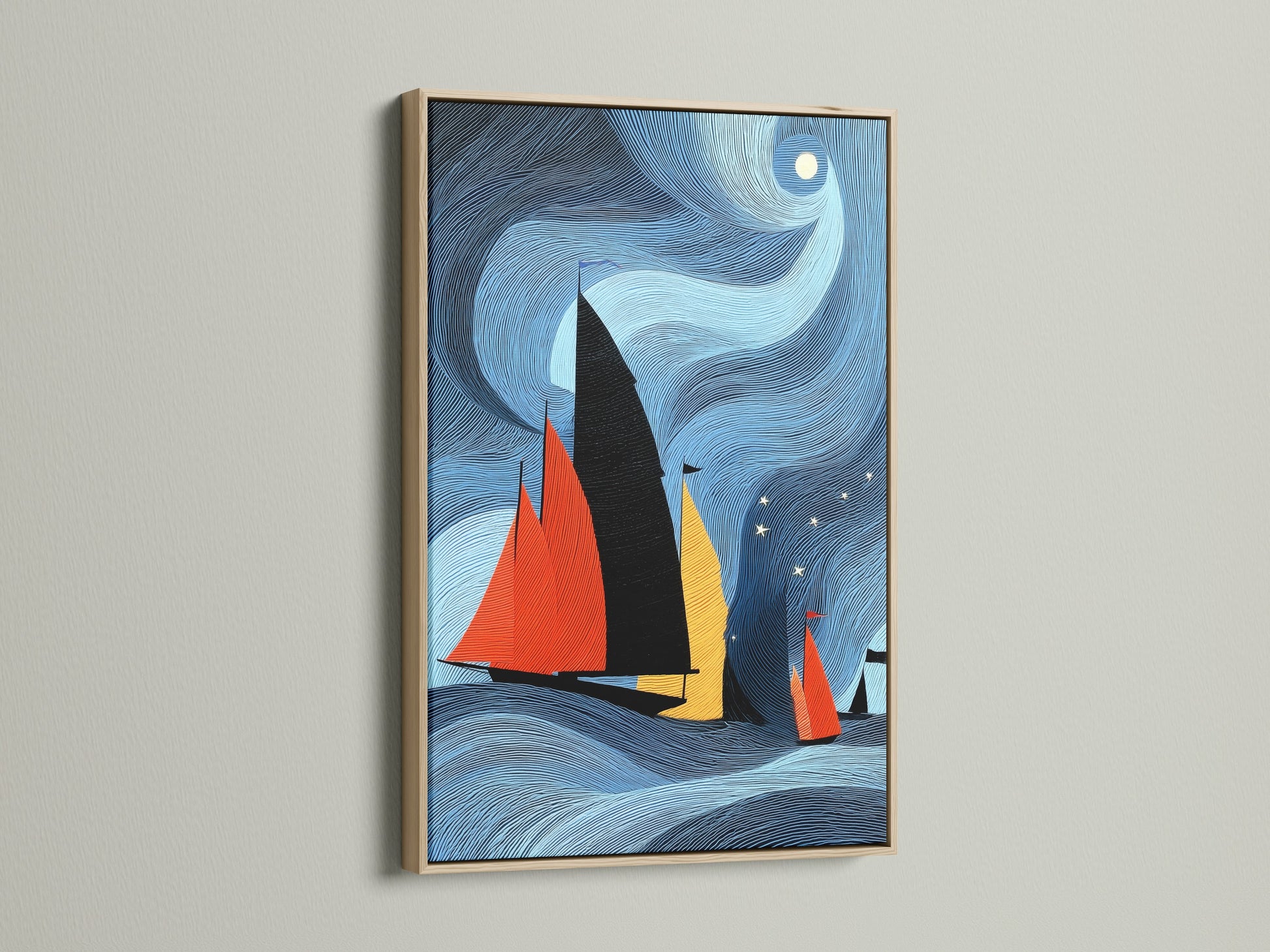 A captivating sailboat nautical print displayed in an oak frame. The art piece showcases vibrant sailboats against a stylized ocean backdrop. The oak frame enhances the warmth and coastal charm of this modern nautical artwork.