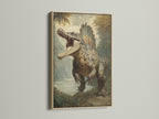 Dinosaur artwork in an oak frame. The artwork features a large dinosaur roaring in a prehistoric landscape. The oak frame enhances the artwork. This piece brings a touch of natural elegance to any room. Perfect for adding character to your home.
