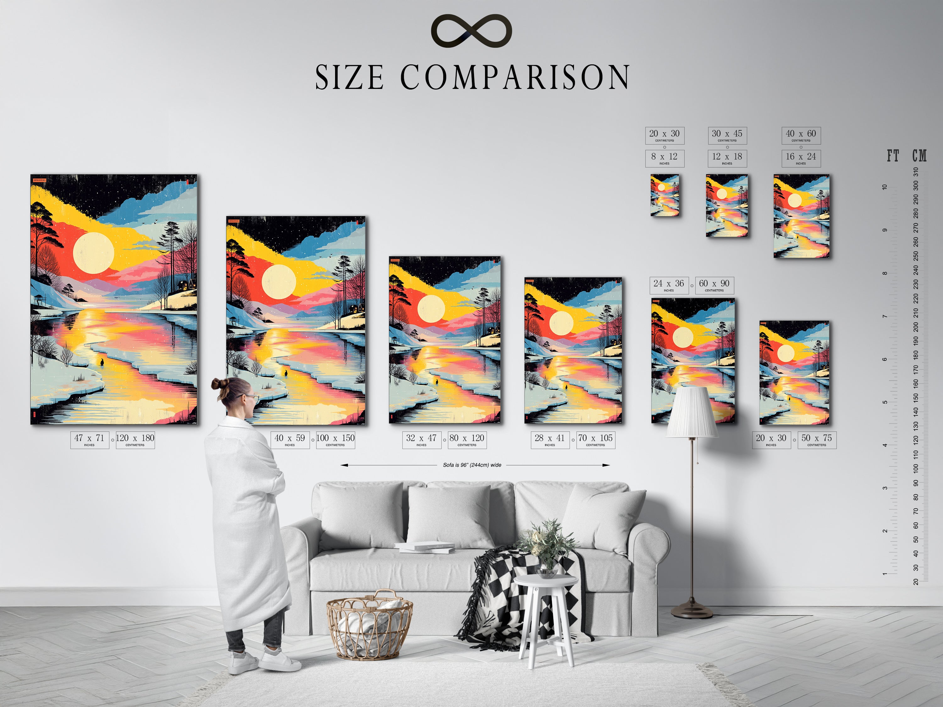Size comparison chart in an interior setting featuring the Winter Sunset Canvas Print. The artwork displays a colorful lake landscape. Snowy forest artwork helps visualize the scale. Choose the perfect size for your space.