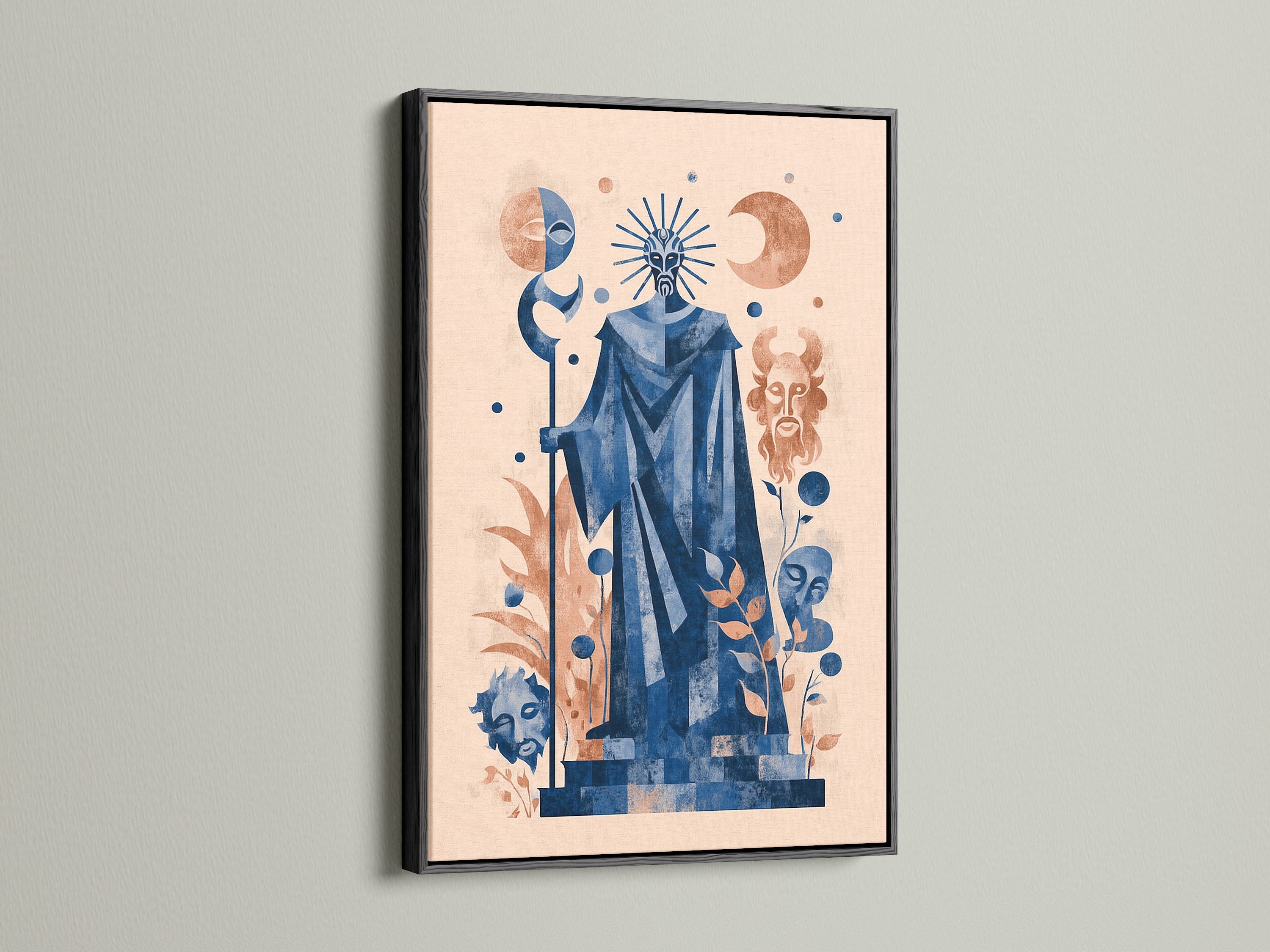 Mystical Tarot Art Print with a black frame. The bohemian canvas showcases sage artwork. Enhance your space with spiritual wall art. This esoteric artwork is great for minimalist or eclectic styles.