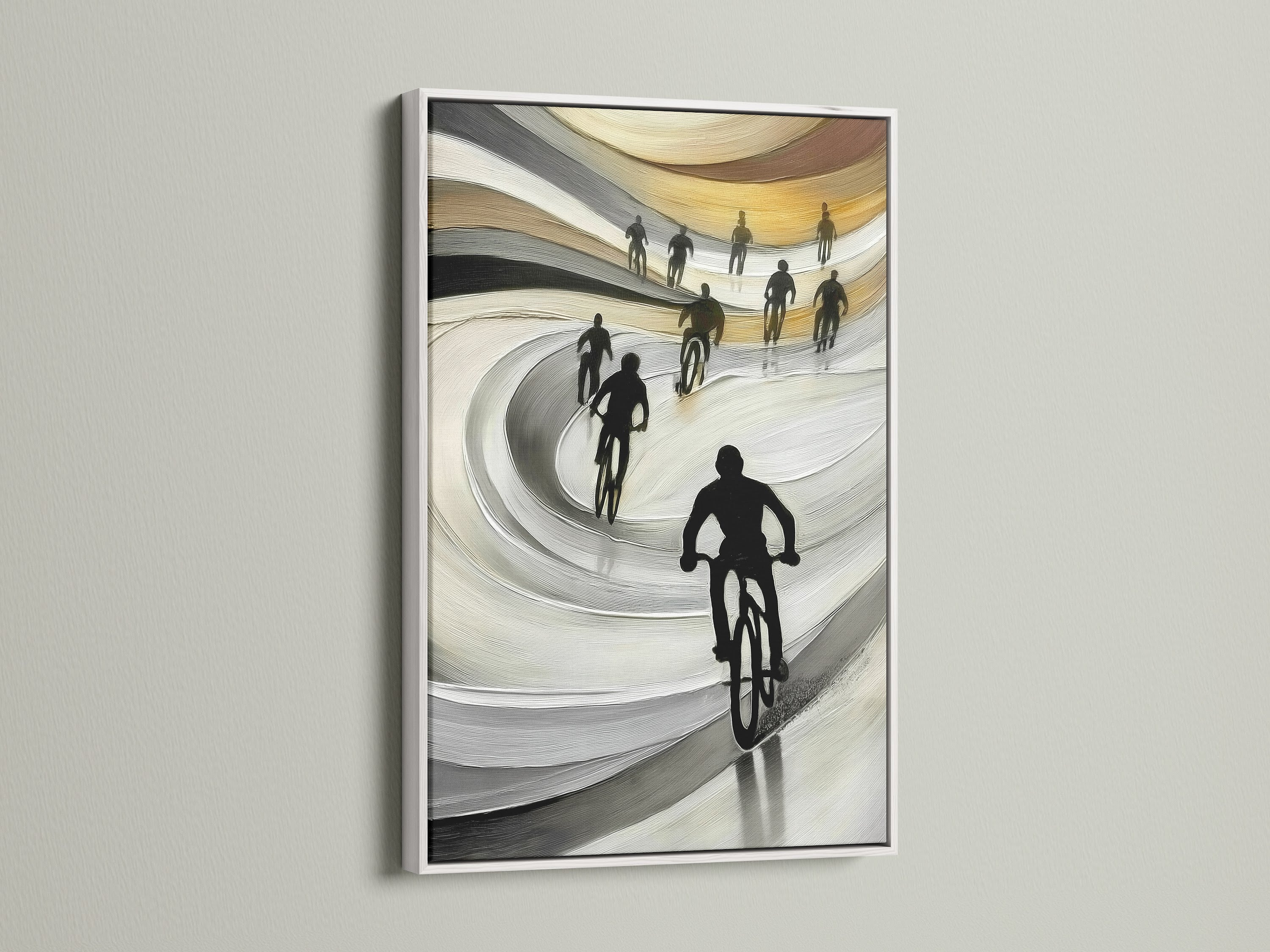 The Cyclists Canvas Print features a white frame. A clean and modern look for your abstract biker wall art. This artwork is suitable for offices or bedrooms. The cyclist poster adds a minimalist touch.
