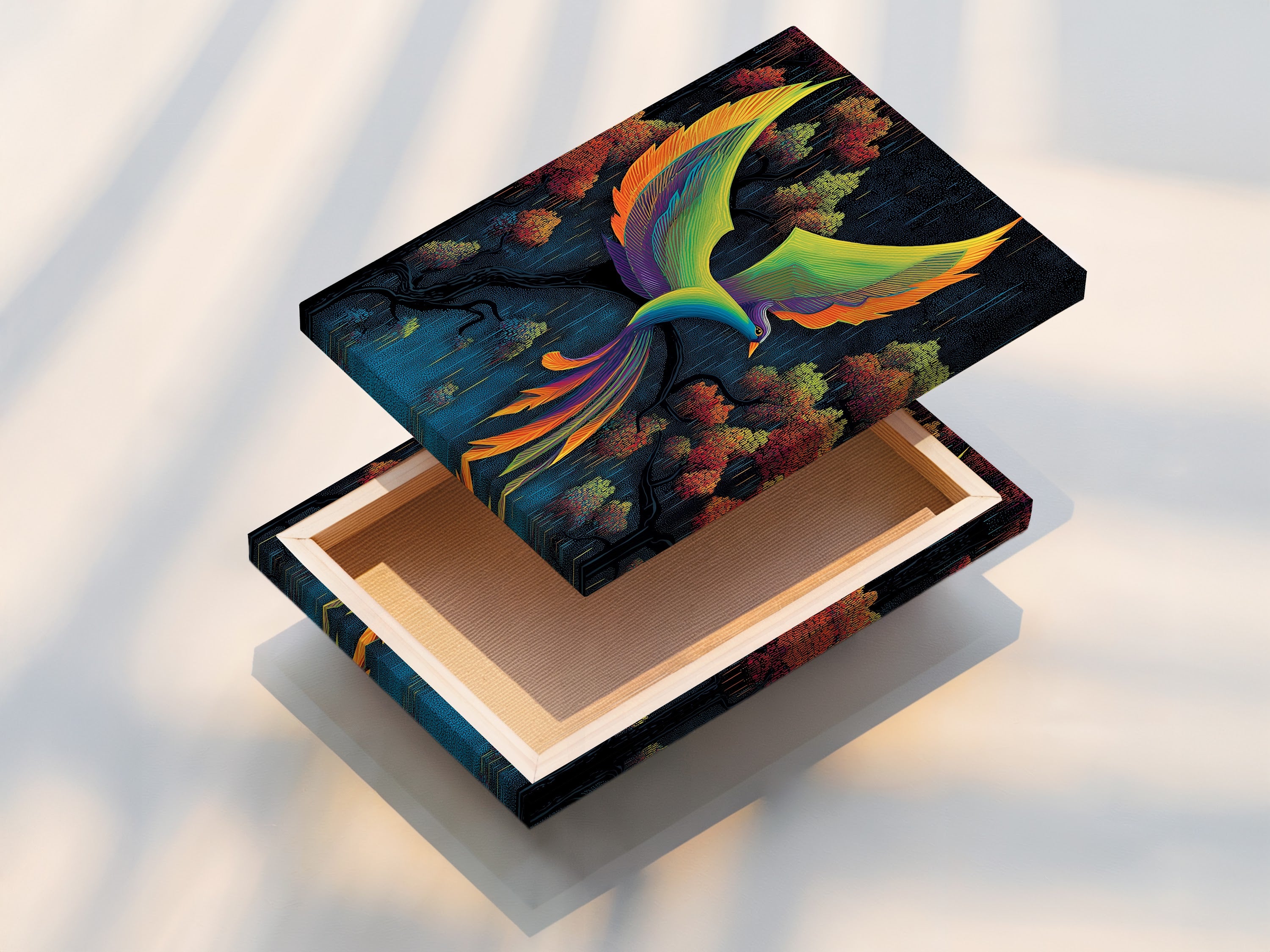 A stretched canvas print of the Phoenix Bird artwork is shown. The abstract wall art features teal and orange tones. This mythical bird decor enhances any room. This vibrant artwork is ideal for modern spaces. Perfect for living room wall art.