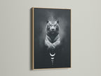 This animal canvas art features a mystical tiger with celestial elements. The moon phases print adds a spiritual touch. Framed in a beautiful oak frame. Ideal tiger wall art for minimalist Scandinavian or modern decor styles.