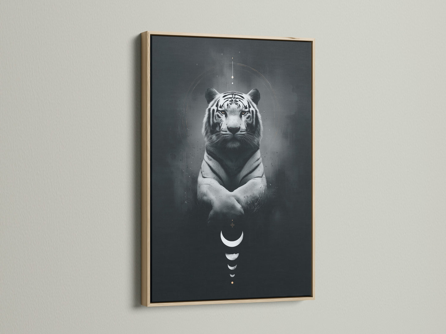 This animal canvas art features a mystical tiger with celestial elements. The moon phases print adds a spiritual touch. Framed in a beautiful oak frame. Ideal tiger wall art for minimalist Scandinavian or modern decor styles.