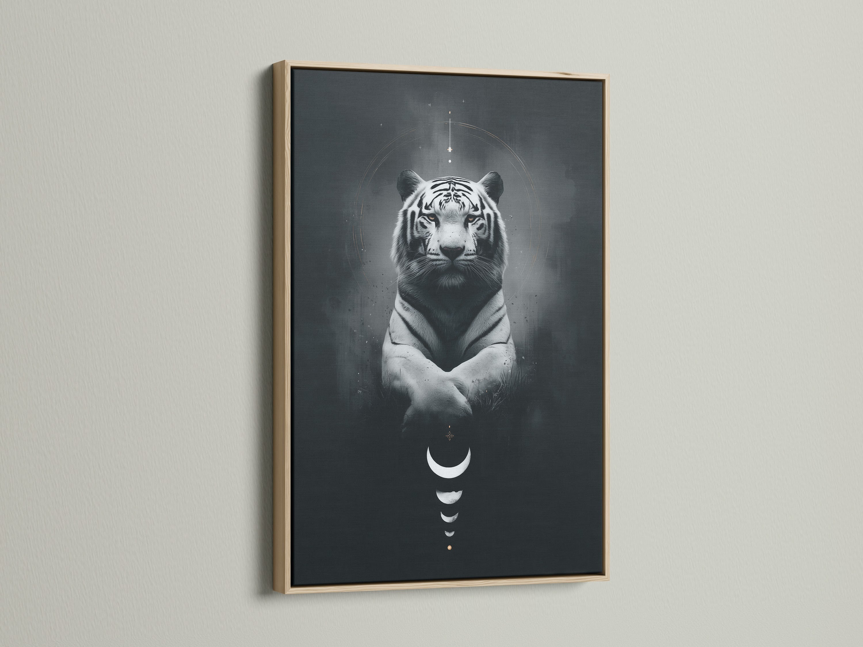 This animal canvas art features a mystical tiger with celestial elements. The moon phases print adds a spiritual touch. Framed in a beautiful oak frame. Ideal tiger wall art for minimalist Scandinavian or modern decor styles.
