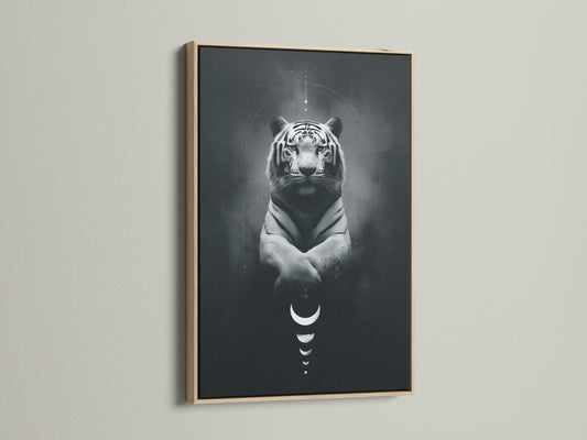 This animal canvas art features a mystical tiger with celestial elements. The moon phases print adds a spiritual touch. Framed in a beautiful oak frame. Ideal tiger wall art for minimalist Scandinavian or modern decor styles.