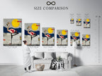 Size comparison chart in an interior setting. See how our flamingo abstract art prints fit in your space. Visualize the impact of modern canvas art on your walls. Find the perfect size for your decor needs.