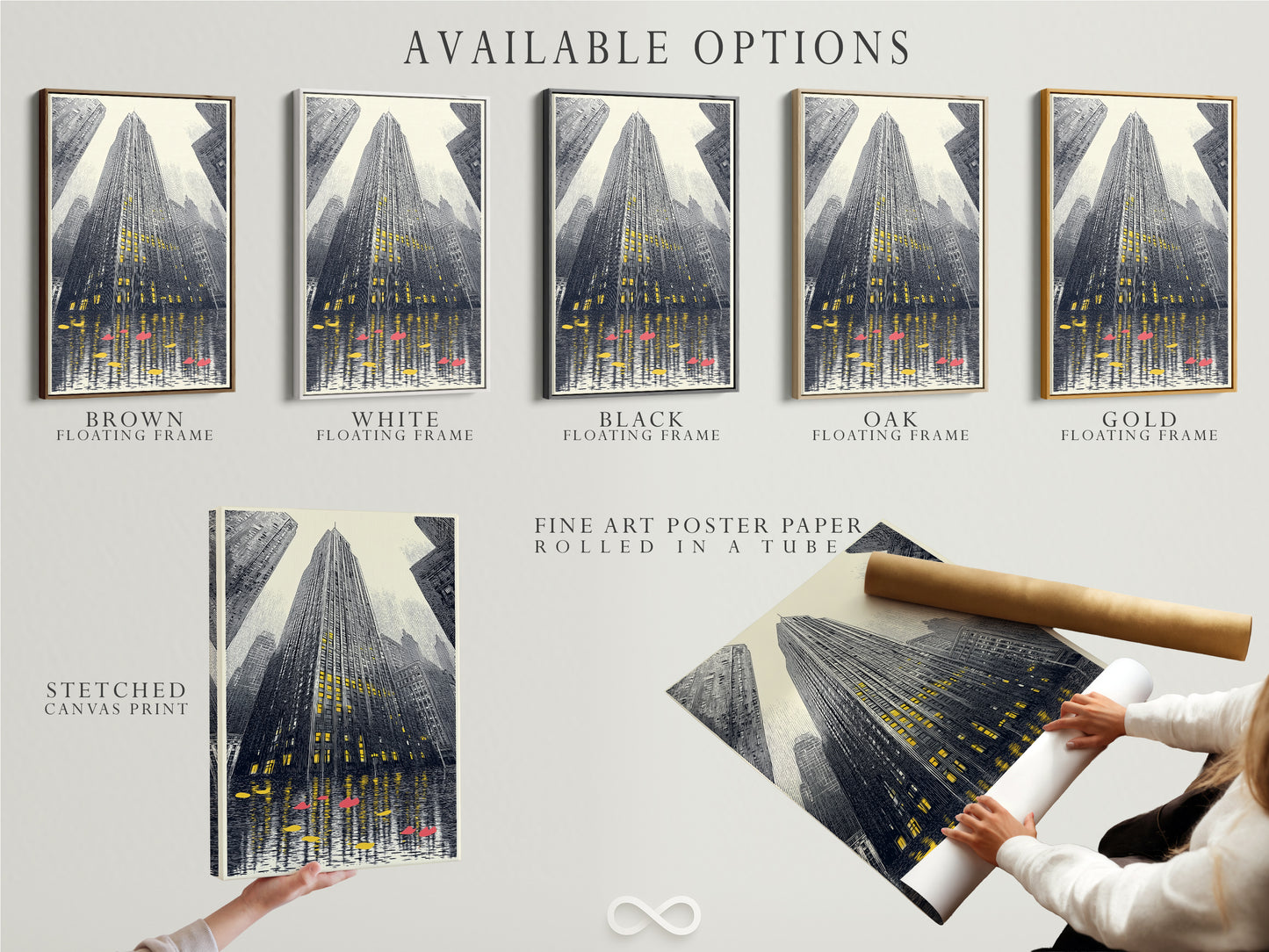 Available options for the cityscape artwork are displayed. Choose from a stretched canvas print fine art poster paper or floating frame. Customize your urban skyscraper wall art to match your style. Perfect for modern interiors.