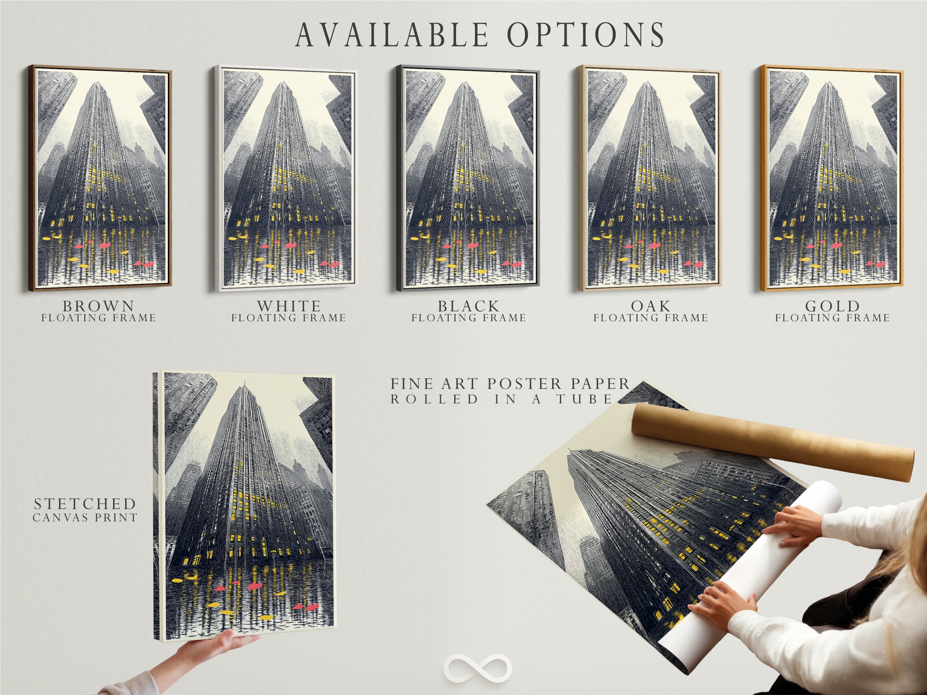 Available options for the cityscape artwork are displayed. Choose from a stretched canvas print fine art poster paper or floating frame. Customize your urban skyscraper wall art to match your style. Perfect for modern interiors.