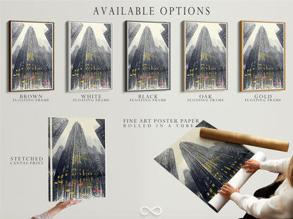 Available options for the cityscape artwork are displayed. Choose from a stretched canvas print fine art poster paper or floating frame. Customize your urban skyscraper wall art to match your style. Perfect for modern interiors.