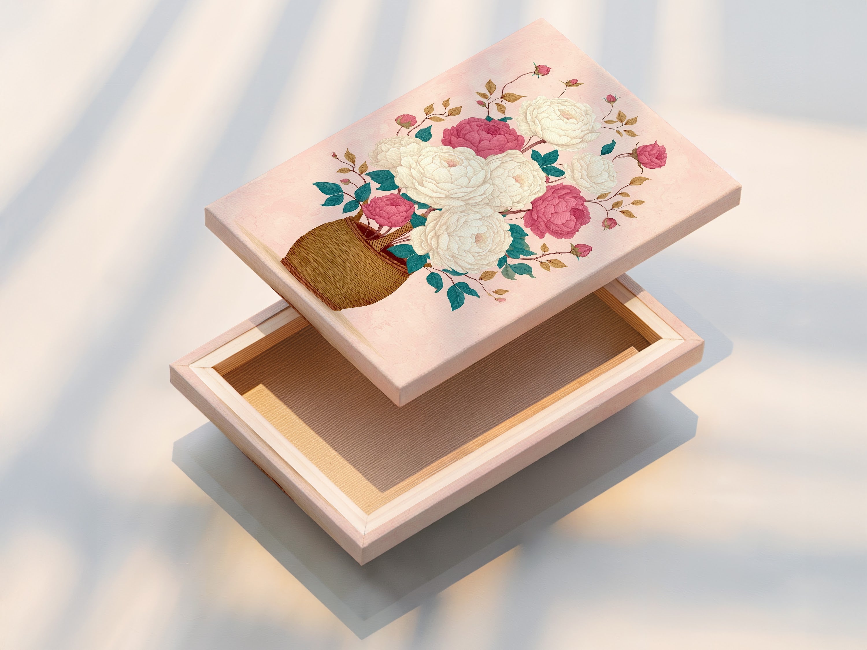 A stretched canvas print featuring pink peony artwork. This floral canvas art is ready to hang and enjoy. Add a touch of botanical beauty to your walls. Explore our range of cottagecore decor options.