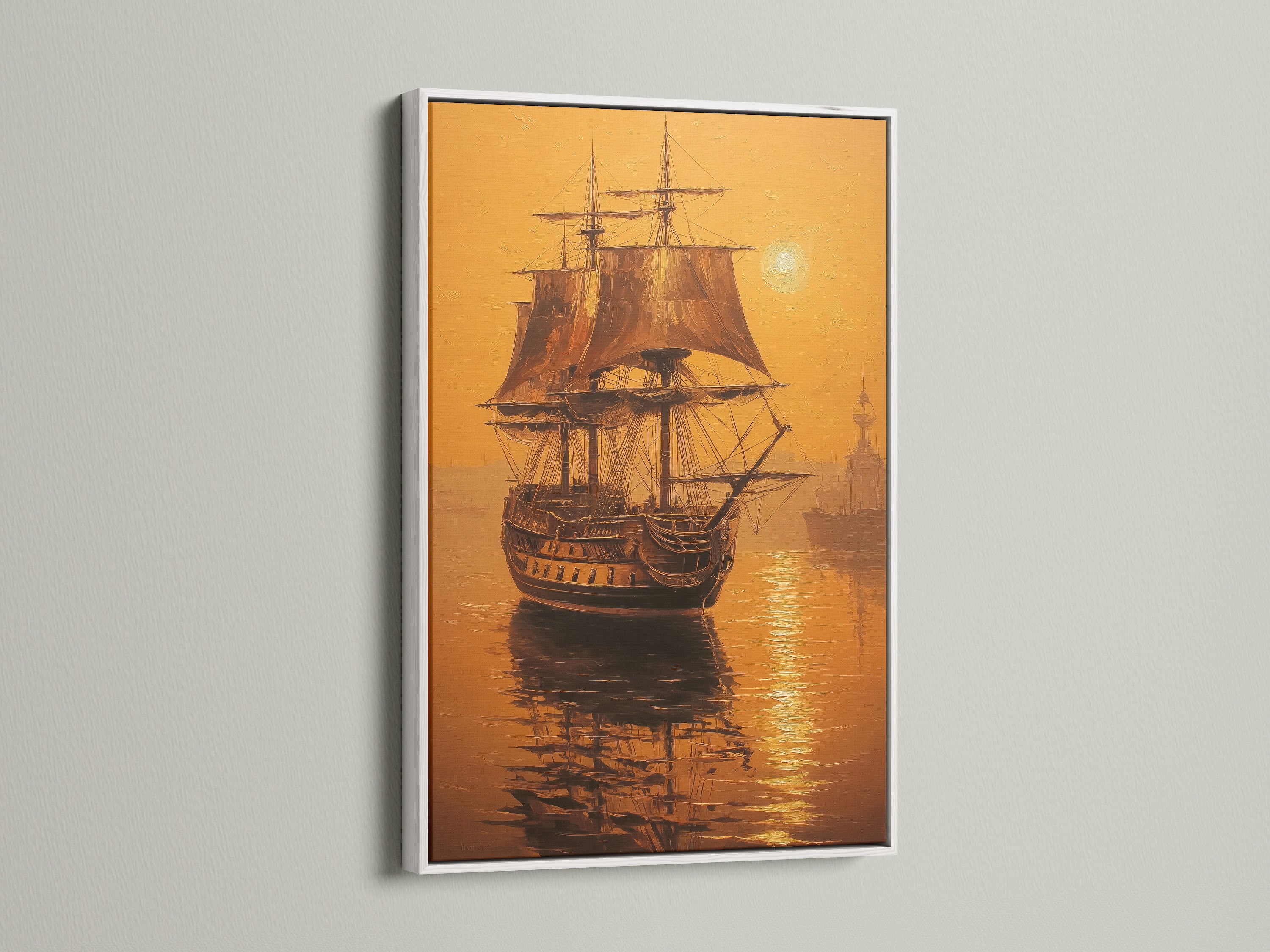 Artwork of a sailing ship in a white floating frame. The artwork is a beautiful depiction of a ship sailing. The white frame adds a touch of brightness and modernity to the piece. Perfect for adding a touch of nautical charm to any room. The artwork is sure to be a conversation starter for your guests.