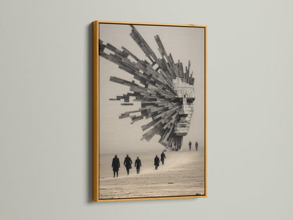 Surreal Architecture artwork with a gold frame. This piece blends abstract geometric elements. It is a modern monochrome poster ideal for office decor. The artwork adds an elevated touch to minimalist spaces. The gold frame adds a touch of sophistication.