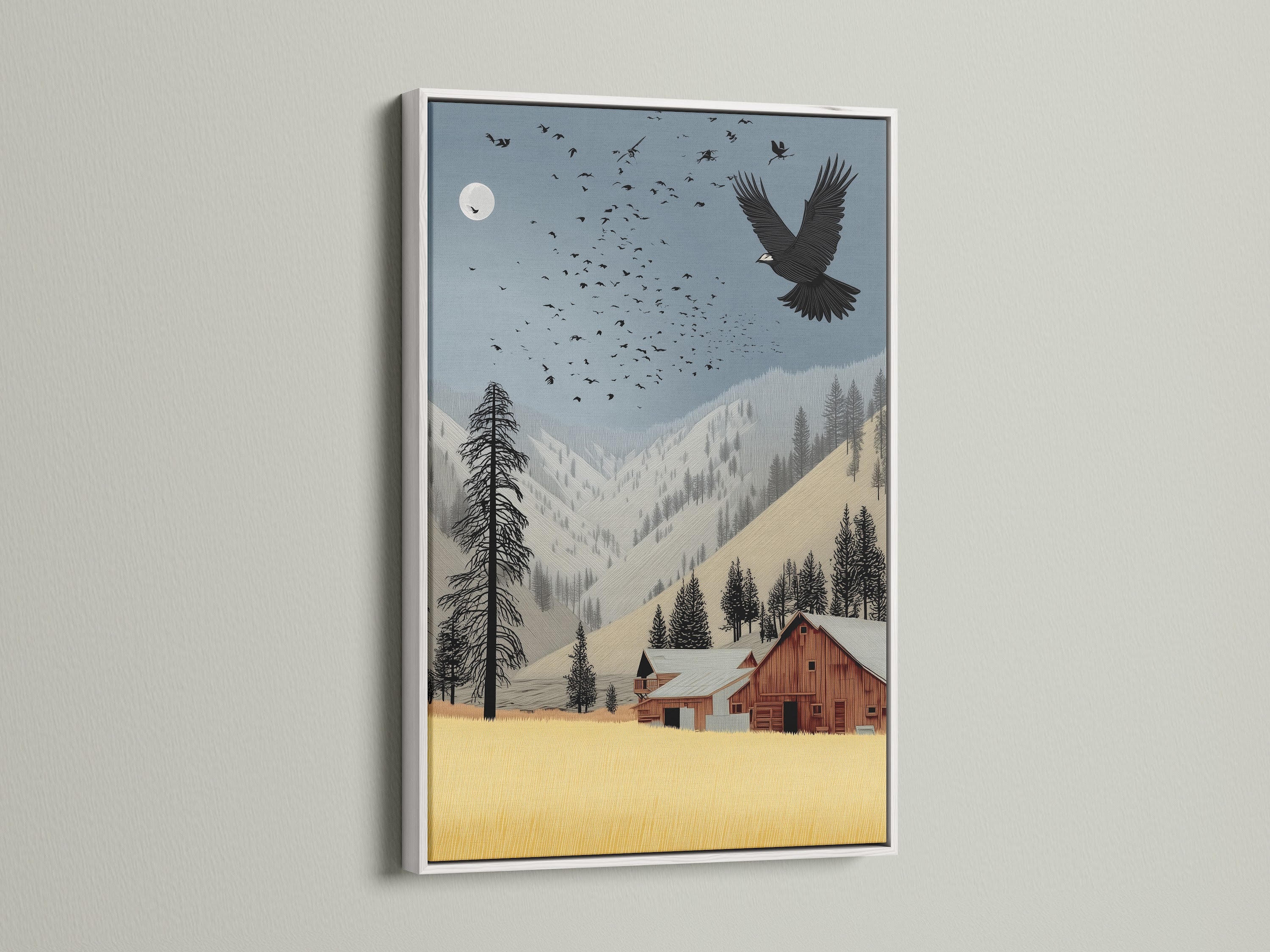 This fine art print showcases an eagle soaring over a barn. The art is framed in white. It is perfect for adding a touch of rustic elegance to any room. This vintage landscape poster is ideal for farmhouse-style interiors. It complements cabin wall decor beautifully.
