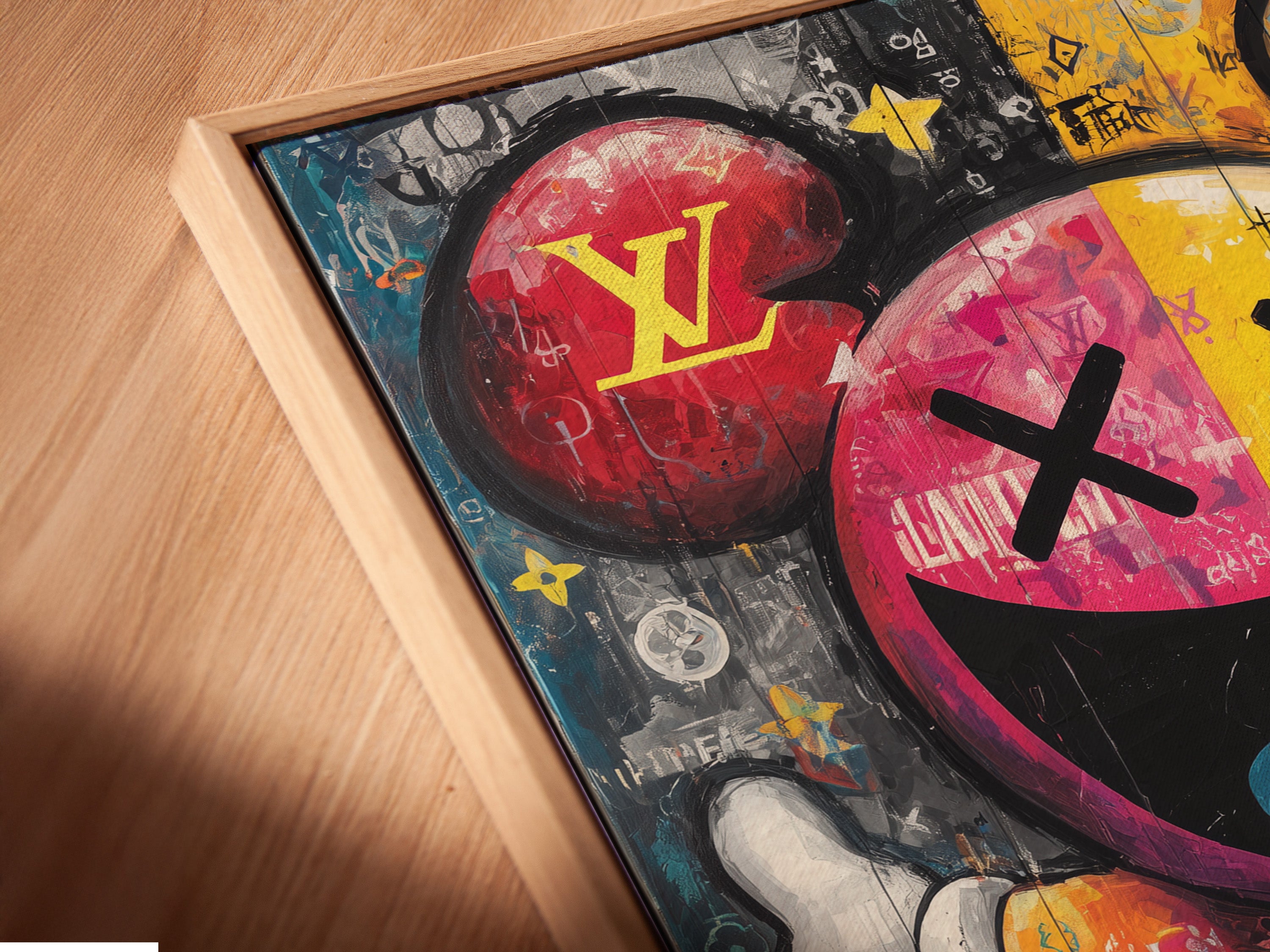 A close-up angled view reveals a canvas print in a floating frame. The artwork features vibrant colors and intricate details. The floating frame gives the artwork a modern and sophisticated look. This piece is perfect for contemporary art collectors.