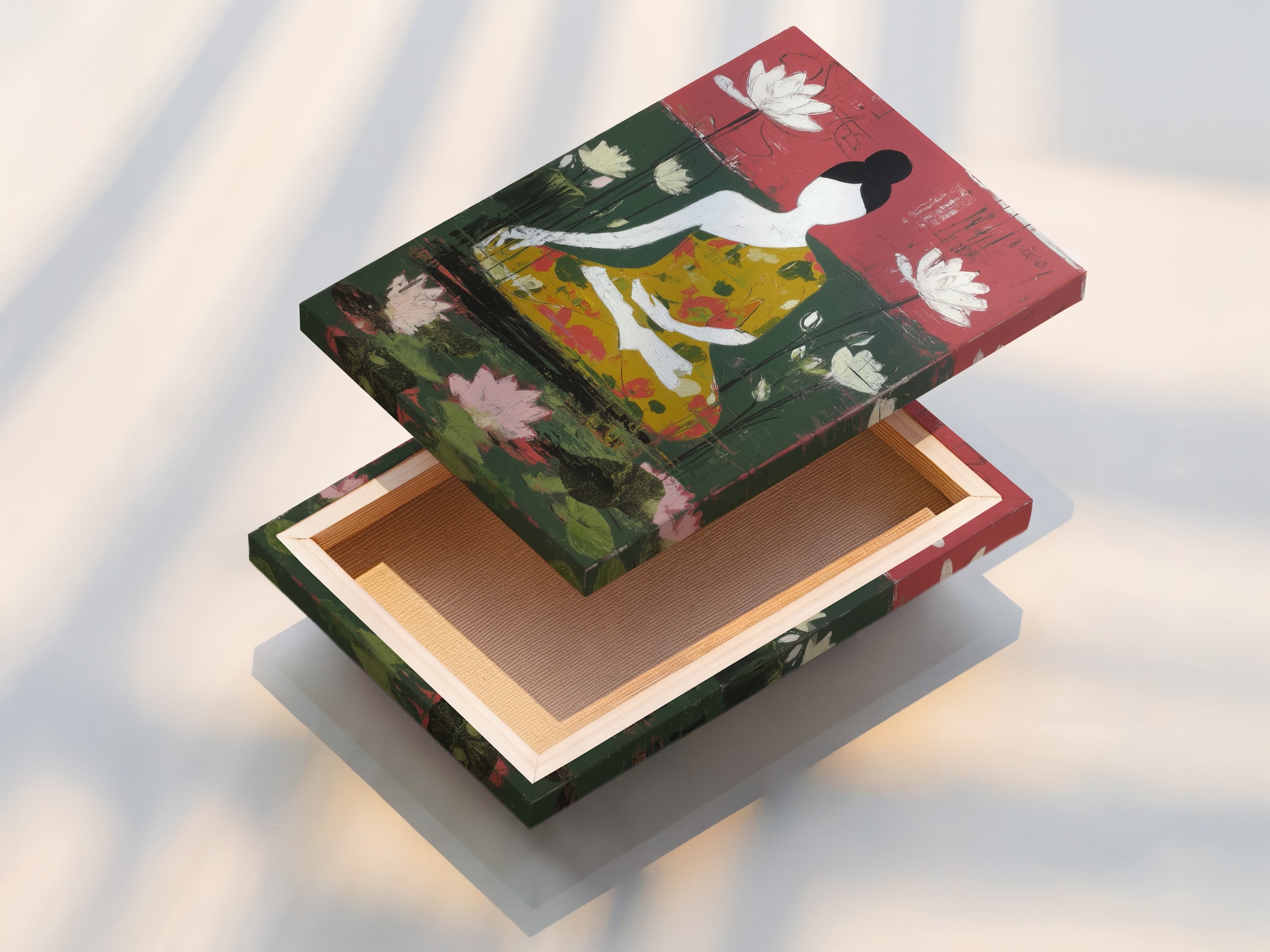 A stretched canvas print displays a meditation art piece with a Buddha figure and lotus flowers. This zen wall decor is ready to hang. The canvas adds texture and depth to the artwork. It's perfect for yoga studios wellness centers and any space needing a touch of peace.