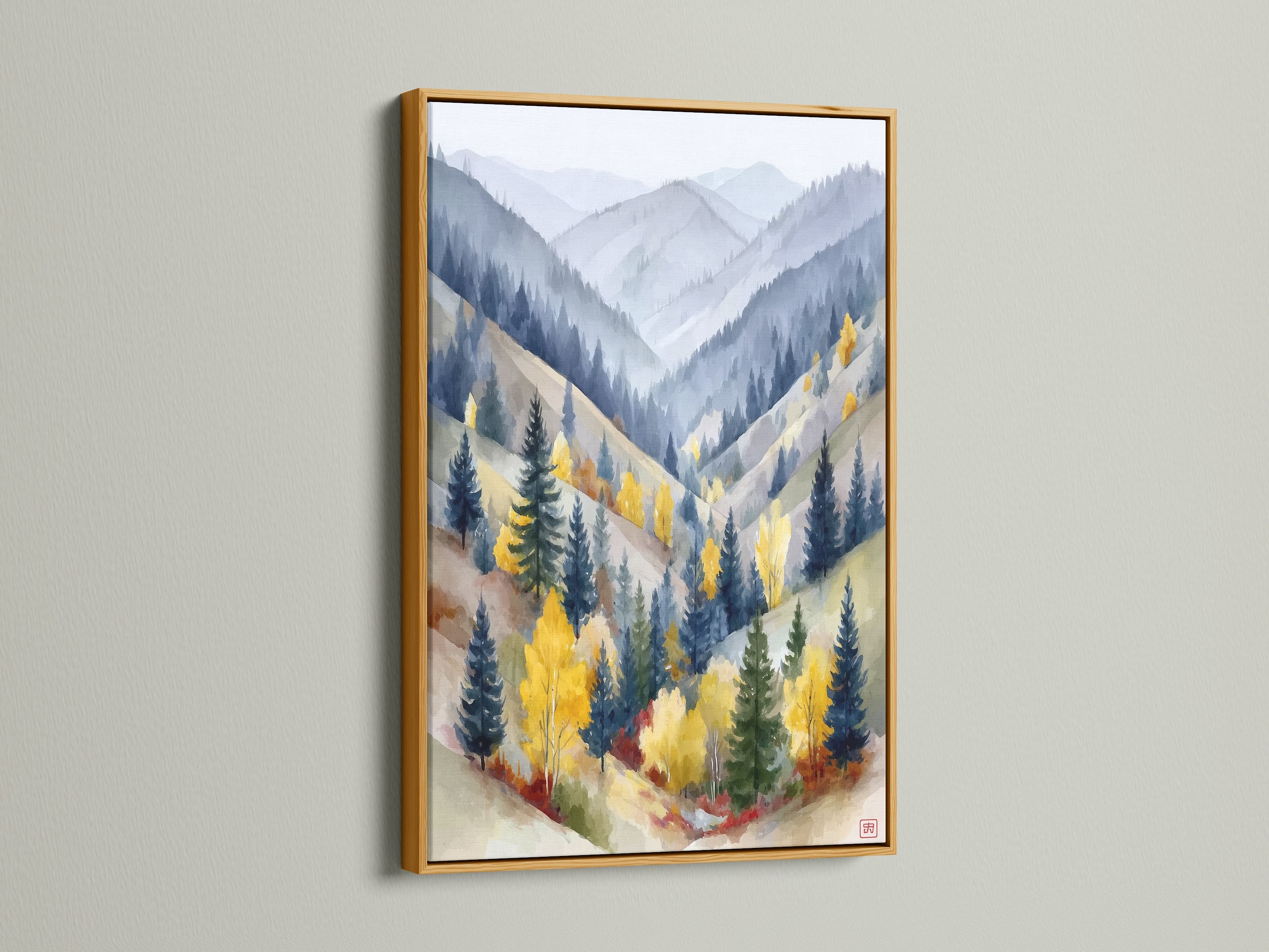 Add luxury to your space with this mountain valley artwork. It is presented in a gold frame. The watercolor landscape sparkles. The gold frame enhances its elegant appeal. This nature-inspired art is perfect for sophisticated decor. It brings a touch of glamour to any room.