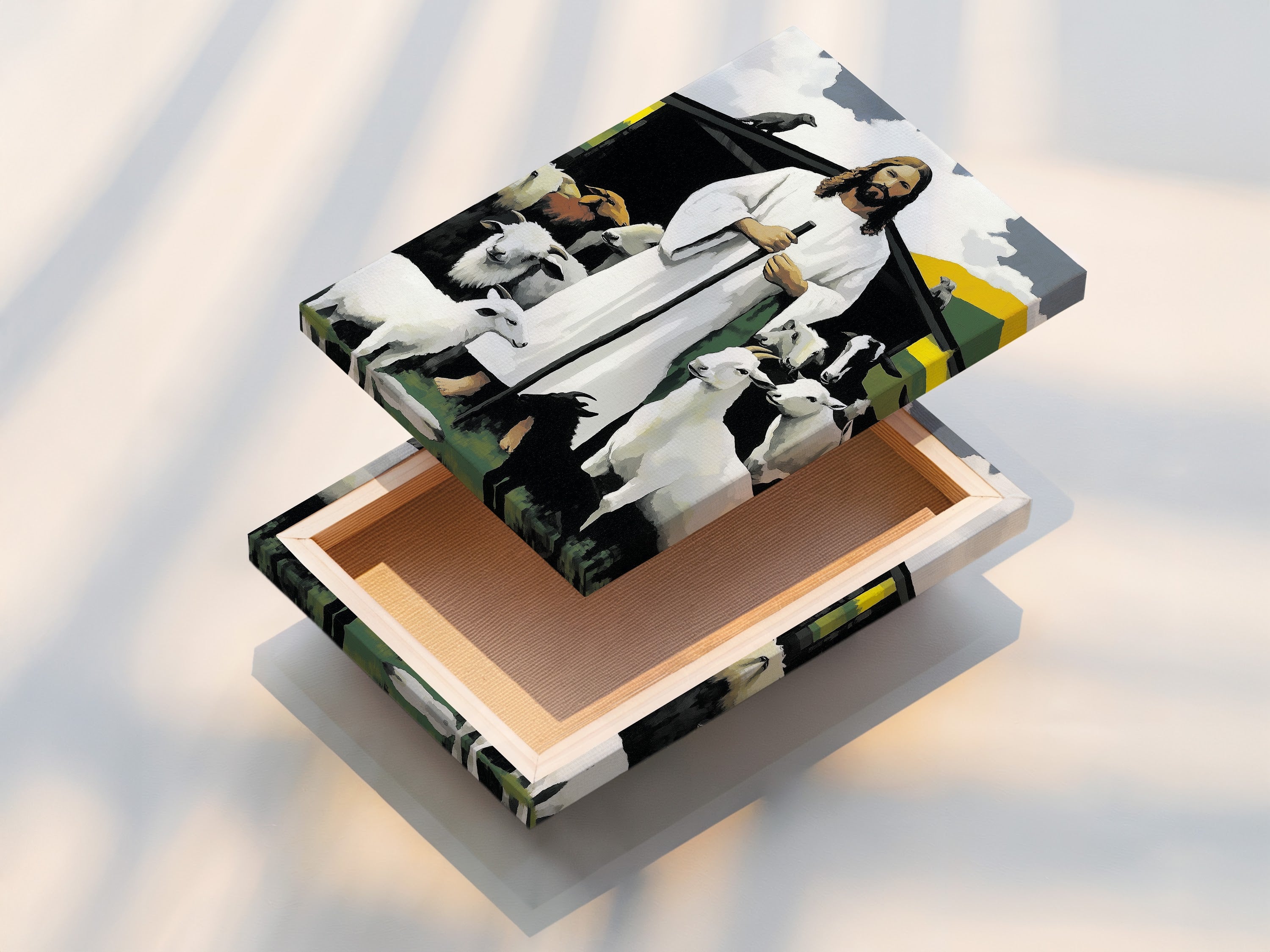 This is a stretched canvas print of an art piece. The artwork is Jesus with sheep. The stretched canvas gives a gallery-wrapped look. It's ready to hang and enjoy. Canvas prints offer a textured and vibrant display. Transform your space with stunning canvas art.