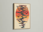 The Birds in Flight artwork is showcased in an oak frame. The sunset canvas enhances the coastal wall art. This abstract print adds a modern touch to any room. A great choice for bird wall decor.