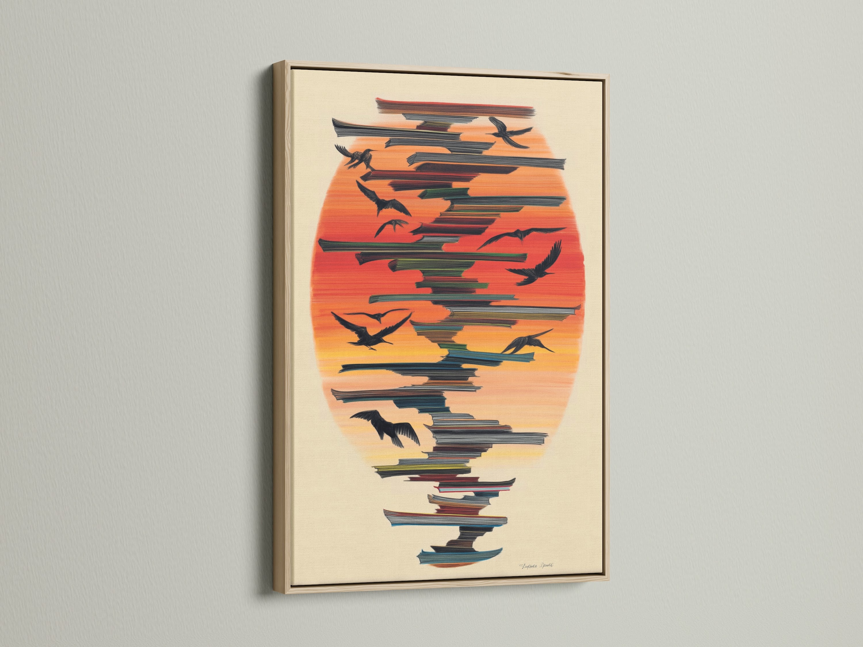 The Birds in Flight artwork is showcased in an oak frame. The sunset canvas enhances the coastal wall art. This abstract print adds a modern touch to any room. A great choice for bird wall decor.