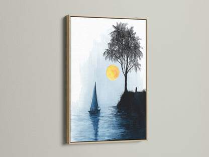 This minimalist art print of a sailboat at sunset is framed in oak. The coastal wall art adds a touch of nautical charm to any room. The blue and yellow hues create a calming seascape. Ideal for minimalist decor styles. Perfect for living rooms bedrooms or offices. Explore our selection of high quality framed artwork.