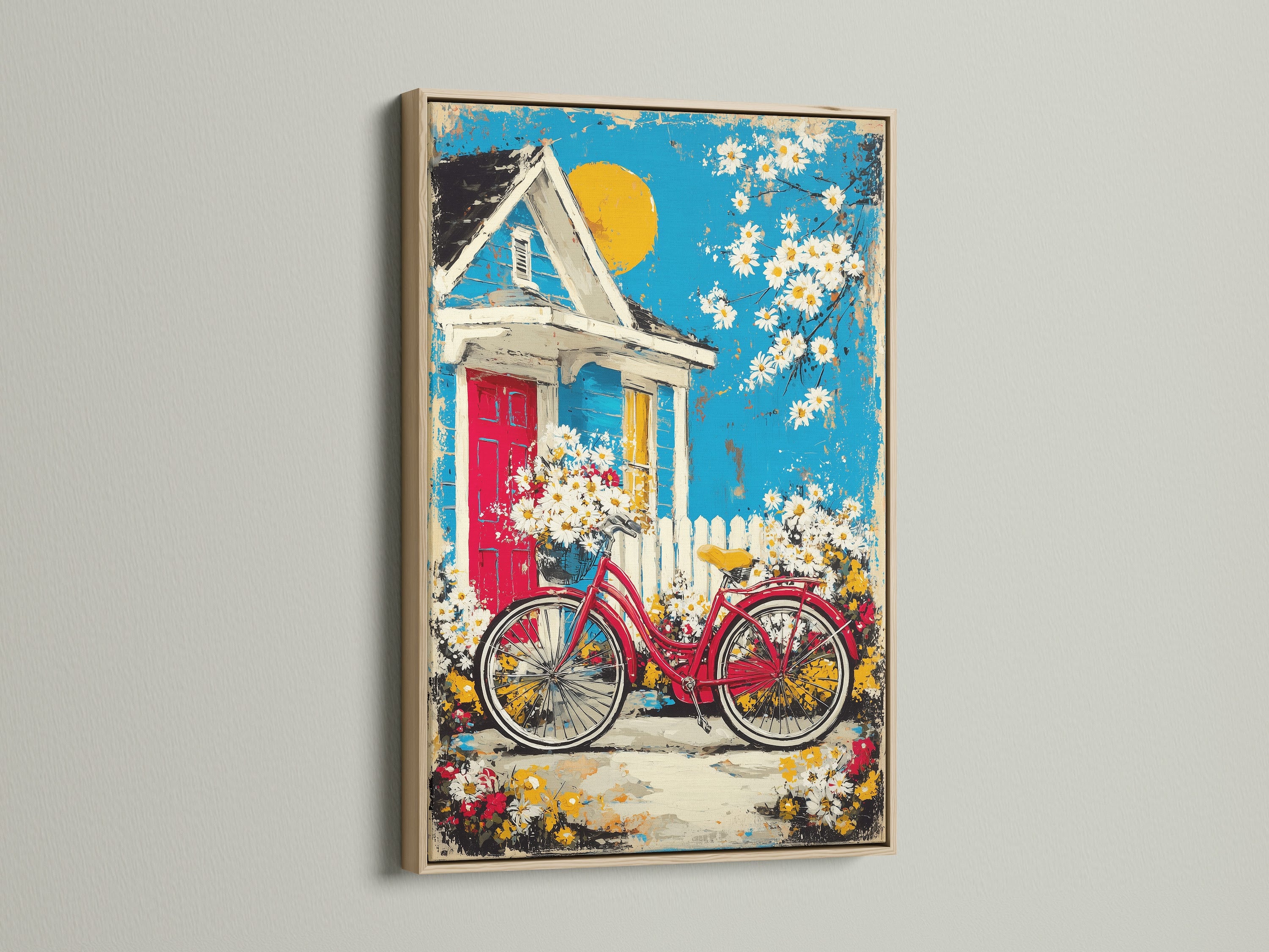 The Cottage Garden artwork is showcased in an oak frame. This country wall artwork features a red bicycle with a flower basket. This artwork brings nature and charm to any space garden canvas art. A delightful piece for cottage decor.