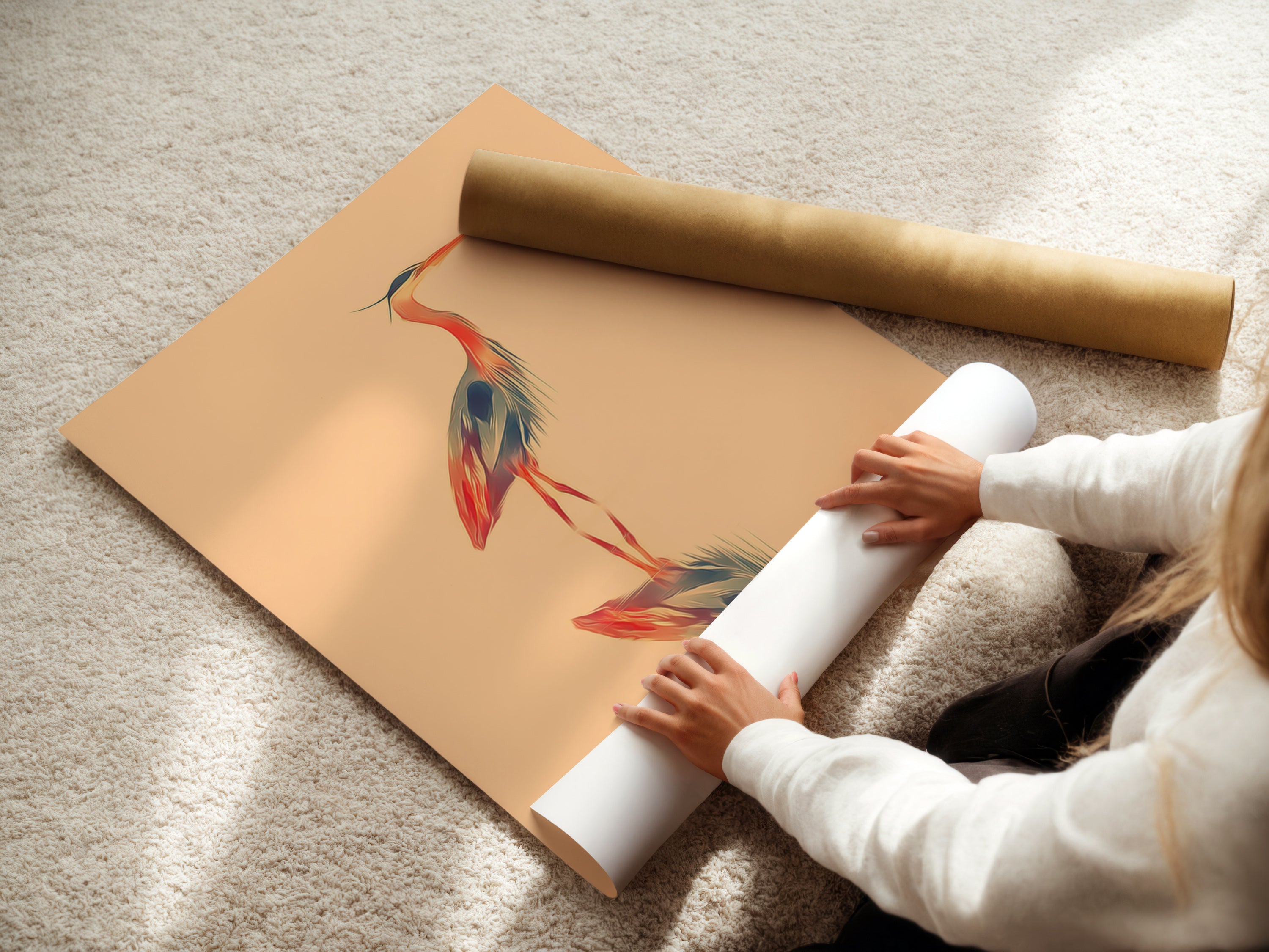 A woman is carefully rolling a fine art poster paper of a heron print. The coastal bird artwork is protected. This high-quality nature print is ready for framing. Perfect for adding serene art to your living space. It is a minimalist decor choice.