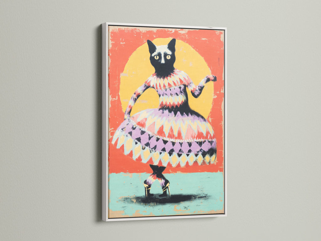 A white frame enhances this whimsical cat art print. The artwork is perfect for a kids room or nursery. The colorful cat print brings a playful animal art vibe. Get this children's art print to complete your boho cat art collection.