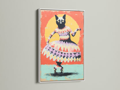 A white frame enhances this whimsical cat art print. The artwork is perfect for a kids room or nursery. The colorful cat print brings a playful animal art vibe. Get this children's art print to complete your boho cat art collection.