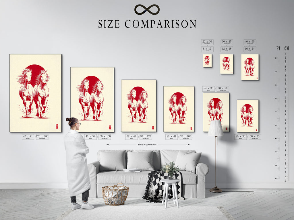 A size comparison chart is displayed in an interior setting. This provides a visual guide to understand the artwork sizes. The chart helps customers choose the perfect size. It ensures a perfect fit for their space.
