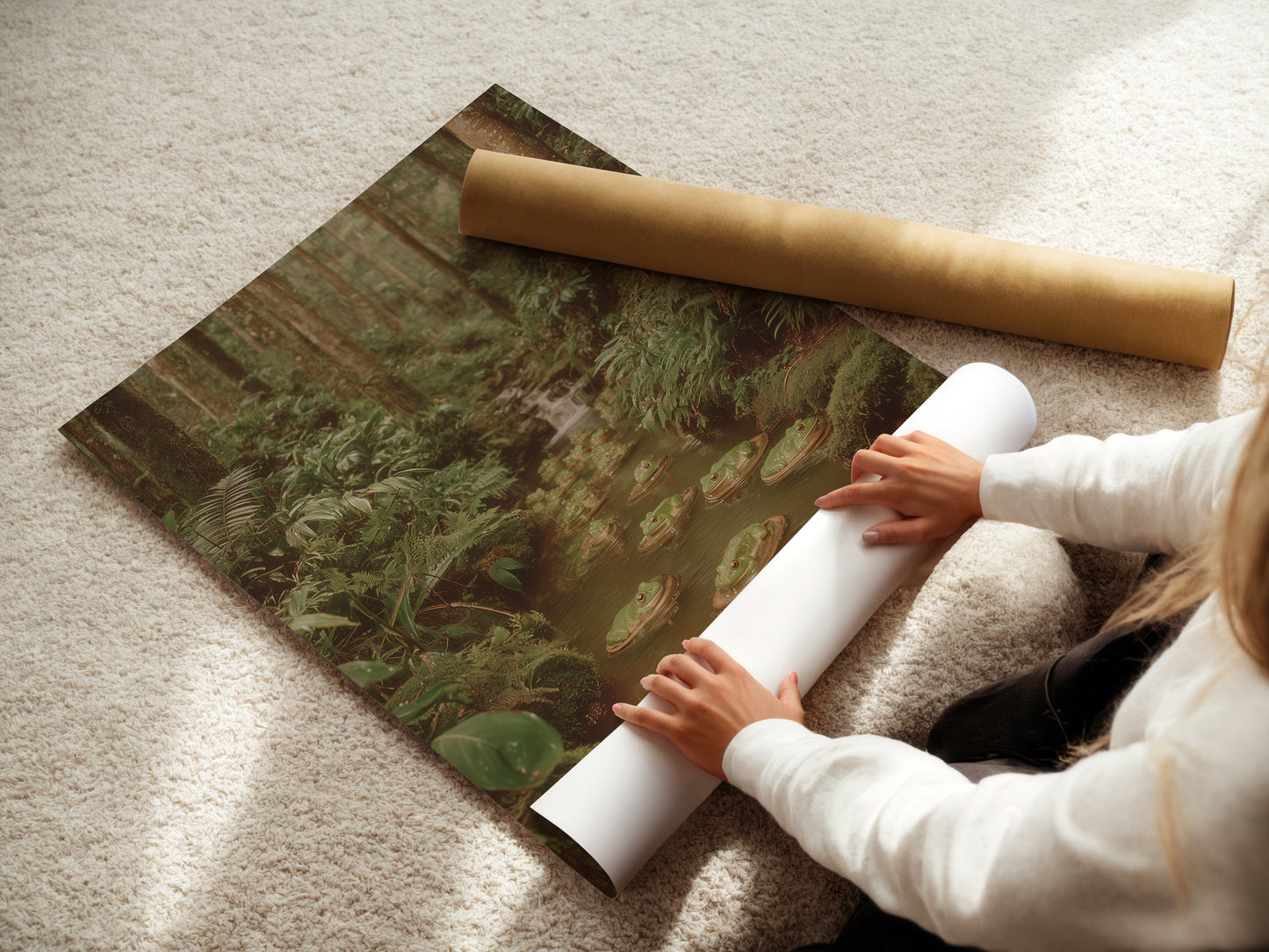 A woman is carefully rolling a fine art poster paper. The poster features a botanical forest artwork with a frog pond scene. This nature photography print is perfect for wall decoration. Ideal for adding a touch of wilderness art to your home. The fine art poster paper ensures high-quality reproduction. Great for nature-themed nurseries and conservatories.