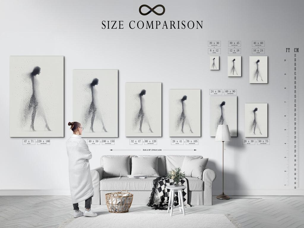 A size comparison chart in an interior setting. Visualize art dimensions in your space. The chart helps you choose the perfect size. See how different sizes fit. Plan your art layout effectively. Ensure a perfect fit for your artwork.