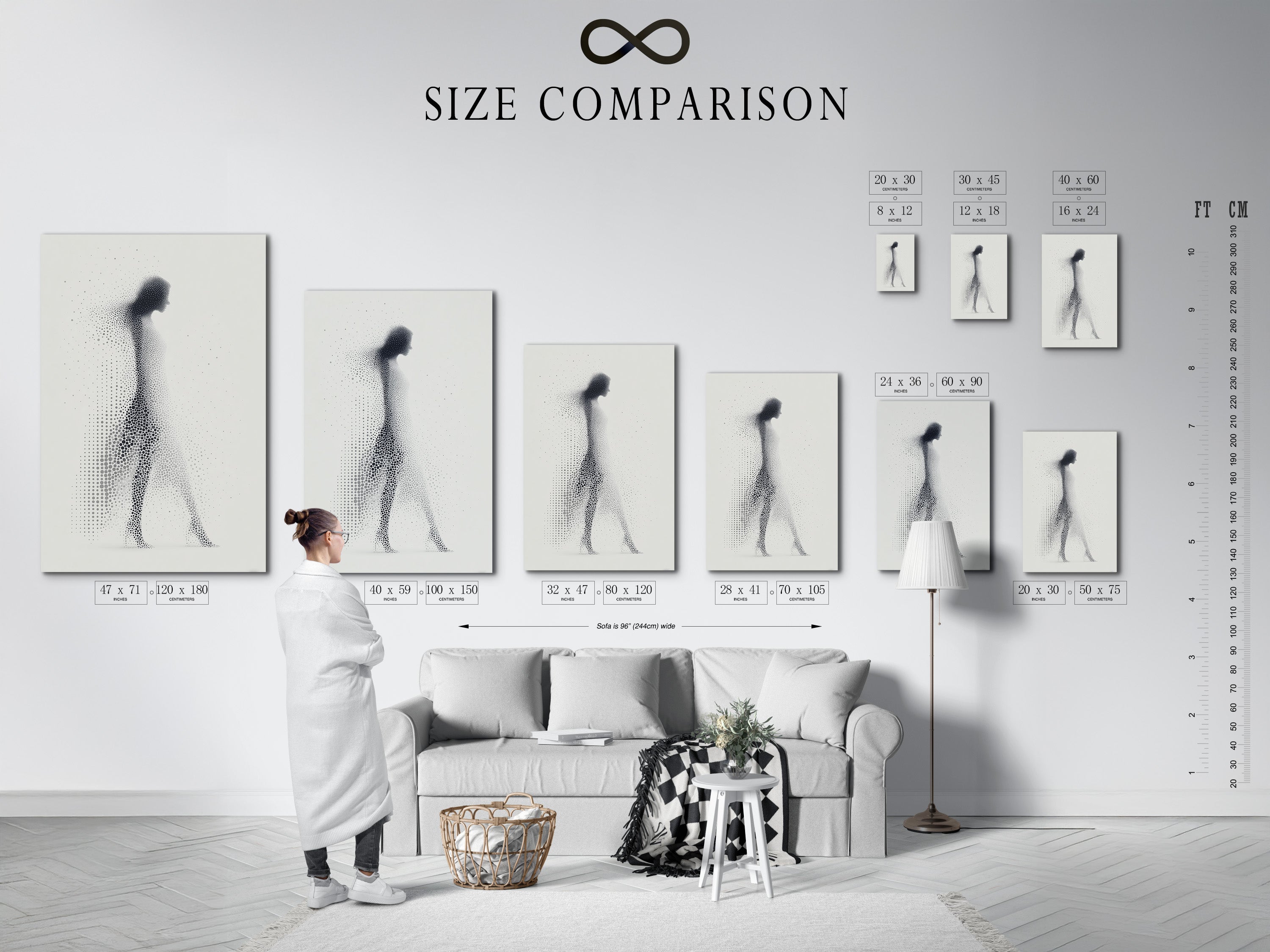 A size comparison chart in an interior setting. Visualize art dimensions in your space. The chart helps you choose the perfect size. See how different sizes fit. Plan your art layout effectively. Ensure a perfect fit for your artwork.