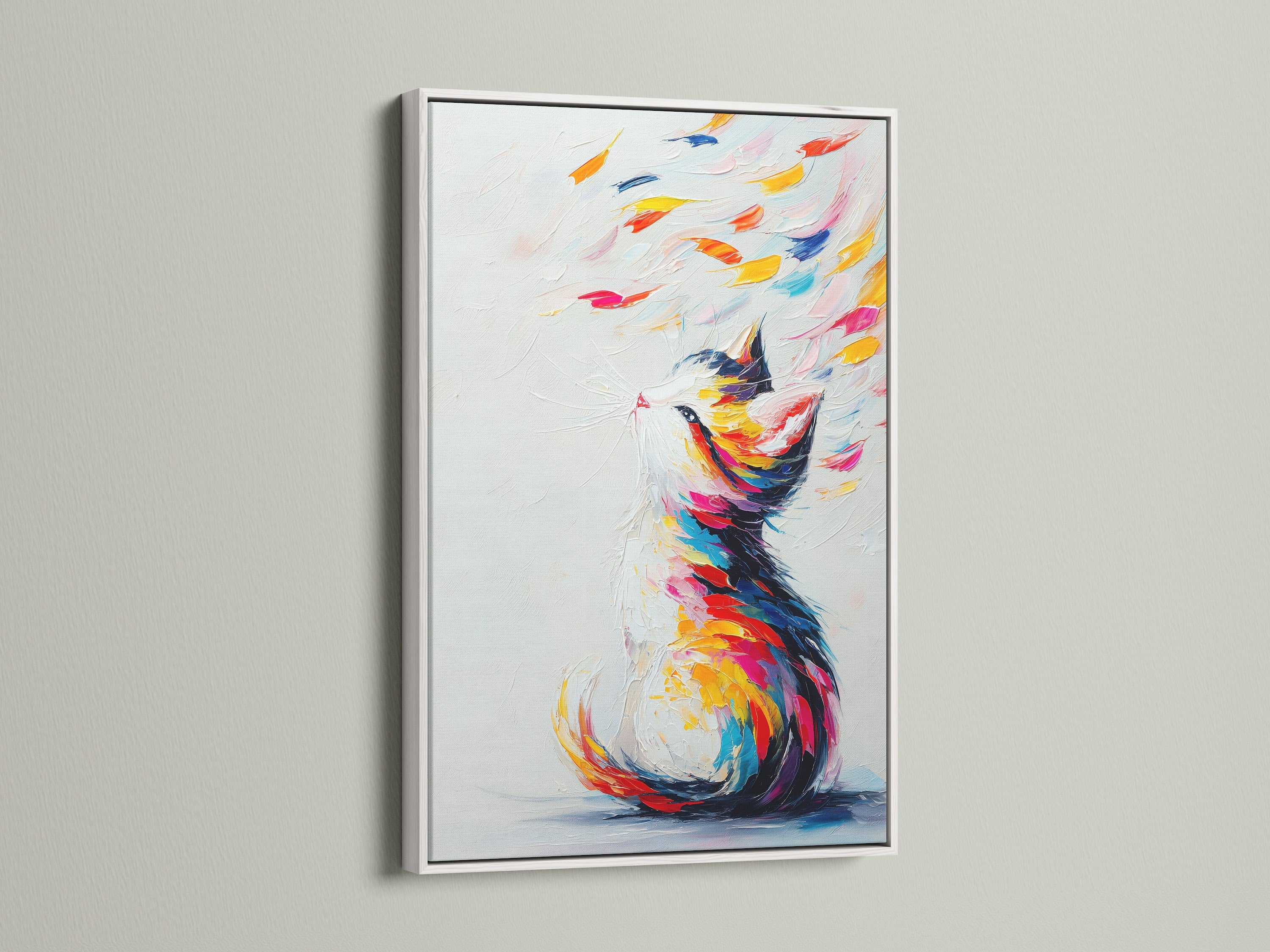 The image showcases a colorful cat artwork in a white frame. This abstract pet print brings a fresh and modern look. Its vibrant rainbow colors will brighten up your walls. Perfect for kids' rooms nurseries and playful spaces. Add a contemporary touch to your decor.