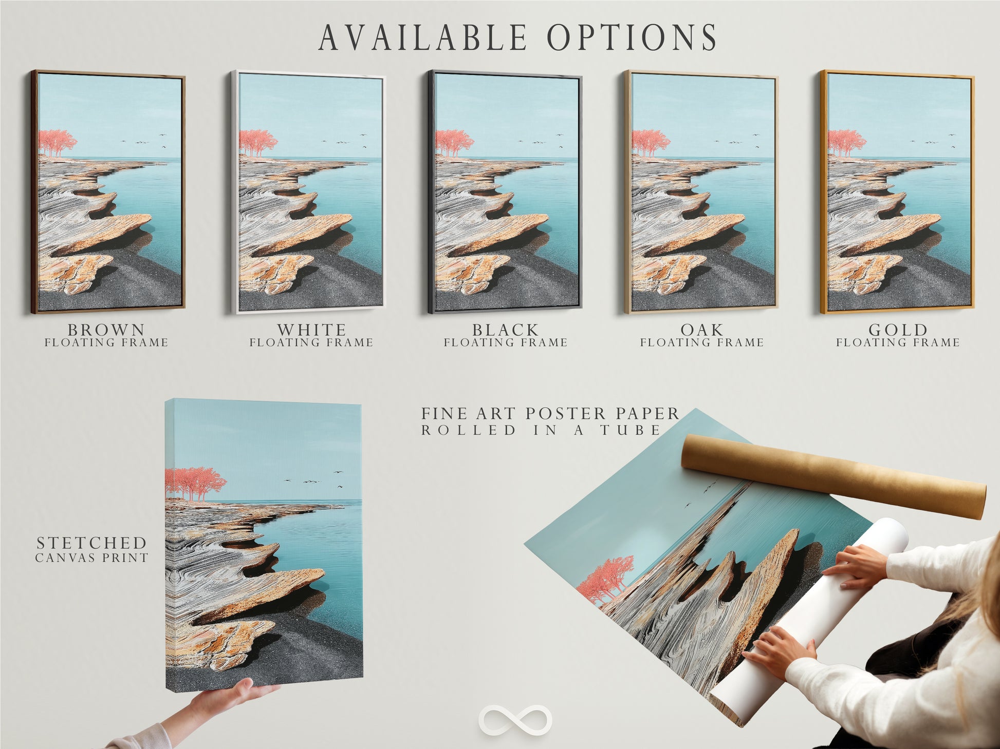 This image displays available options for coastal seascape artwork. Options include a stretched canvas print fine art poster paper and a floating frame. Choose the perfect format to match your modern minimalist decor. Ideal for creating a serene and calming space in any room.
