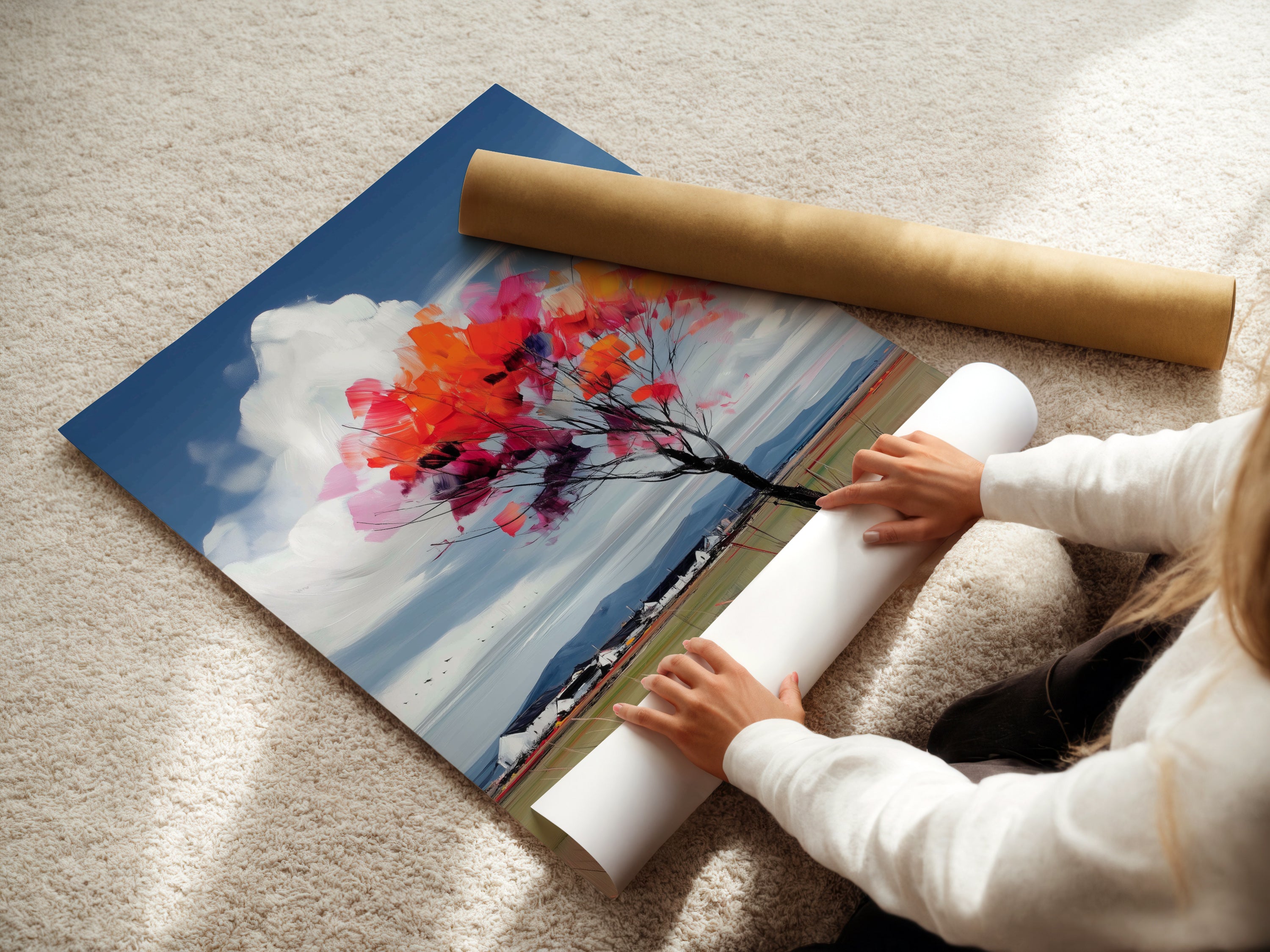 A woman is carefully rolling a fine art poster paper. The high quality paper showcases the vibrant colors of the artwork. Perfect for creating stunning prints of autumn tree art. The poster paper ensures a professional finish. Ideal for landscape and nature prints.