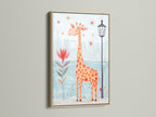 A giraffe art print is showcased in a light oak frame. This adorable artwork adds a touch of whimsy to any nursery. It is ideal for creating a Scandinavian style kids room. Find the perfect baby shower gift.