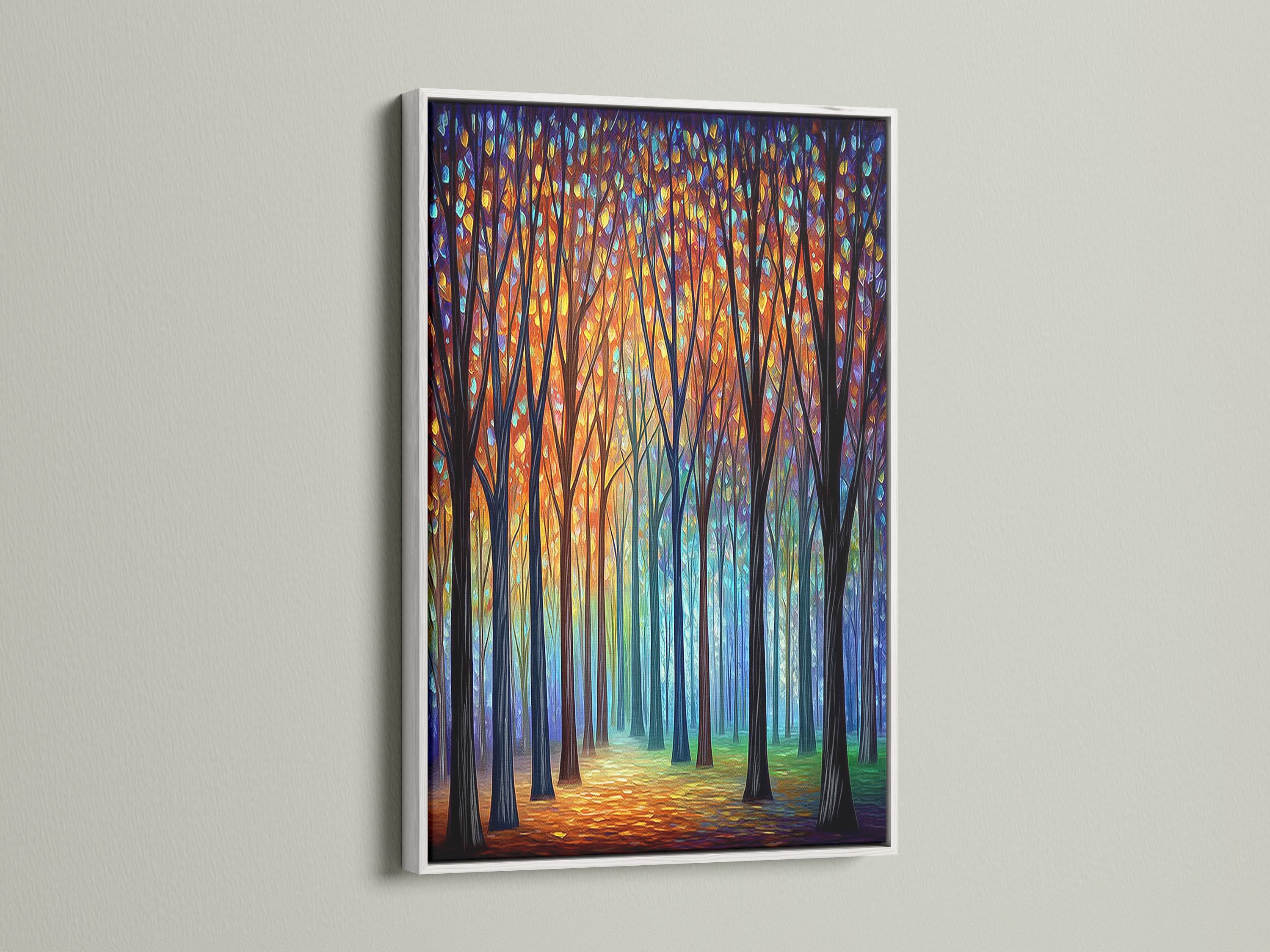 The abstract trees artwork is showcased in a clean white frame. This colorful forest canvas print adds a touch of modern nature to any room. Ideal for office wall decor or bedroom wall art.