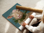 A woman carefully rolling a fine art poster paper featuring whimsical sheep artwork. The floral crown and pearl necklace create a vintage portrait. Ideal for framing as Country Wall Art or Farmhouse Wall Decor. Perfect for nurseries.