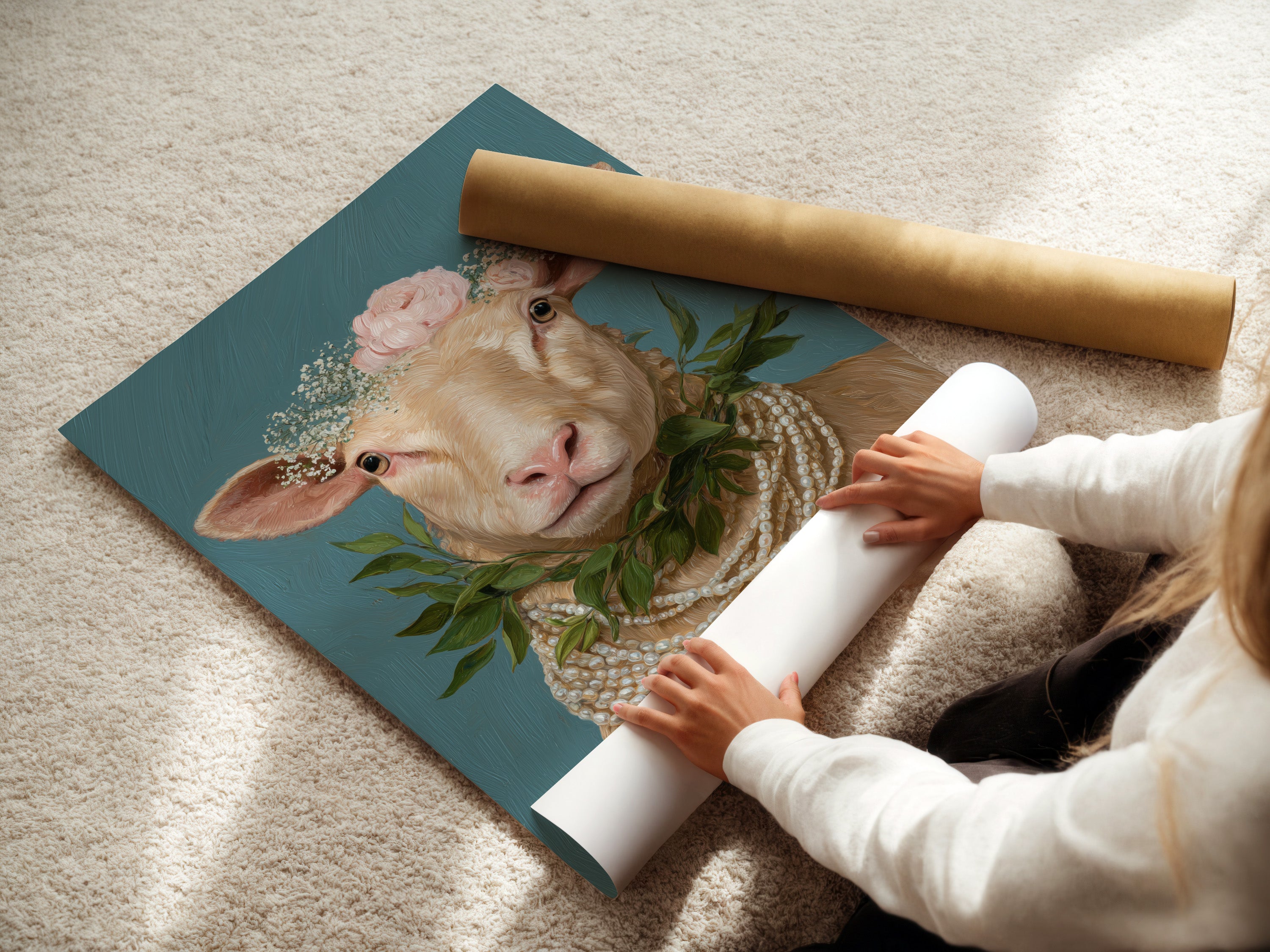 A woman carefully rolling a fine art poster paper featuring whimsical sheep artwork. The floral crown and pearl necklace create a vintage portrait. Ideal for framing as Country Wall Art or Farmhouse Wall Decor. Perfect for nurseries.