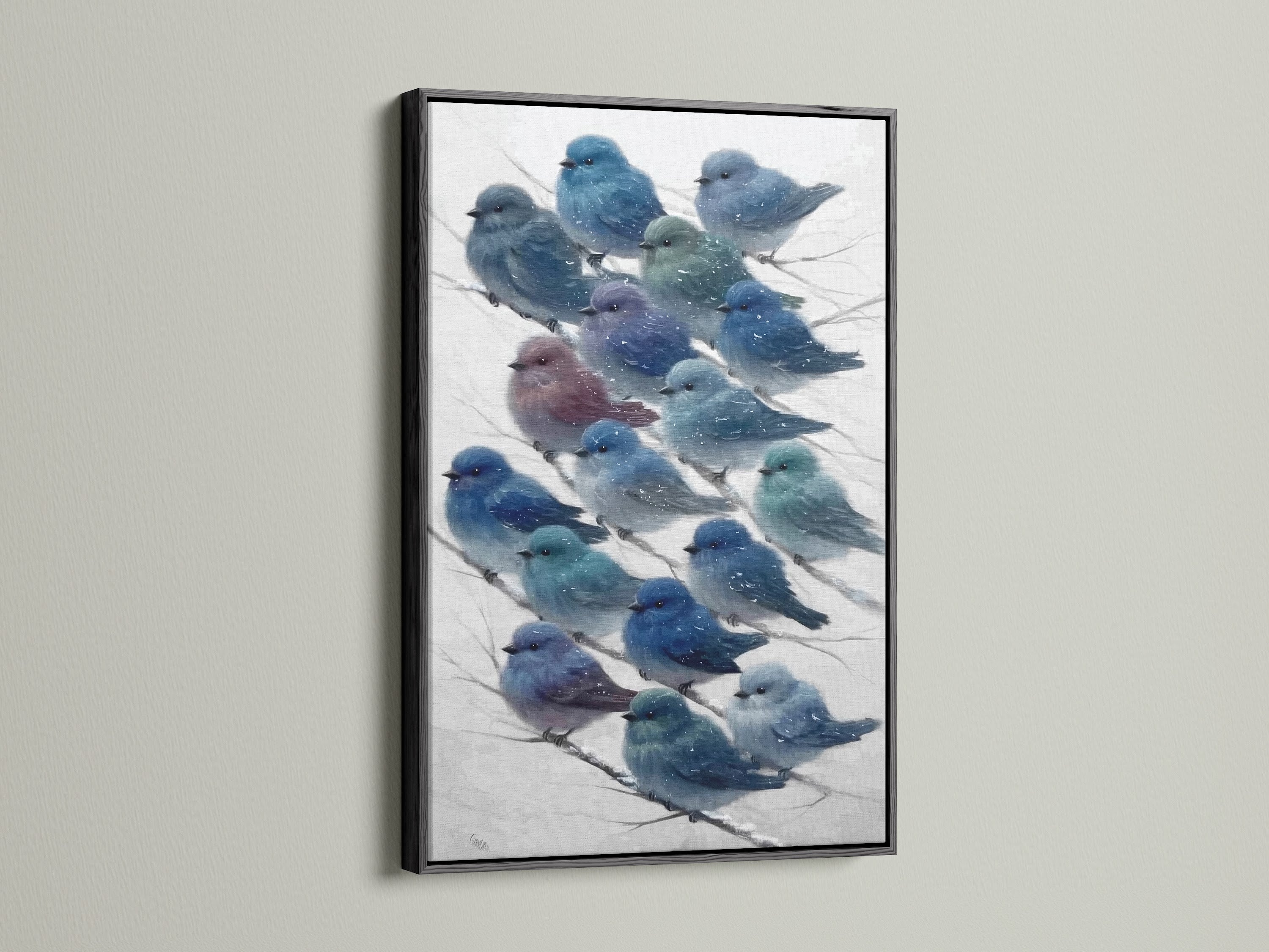 This image shows bluebird artwork in a black frame. The bird canvas art brings nature indoors. The teal and indigo colors add modern flair. This snowy artwork is perfect for a reading nook or library.