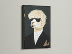 Cool Llama Art Print in a black frame hangs on a white wall. This quirky animal wall art features a llama wearing sunglasses and a suit. The black frame creates a bold statement. Perfect formal portrait canvas print for office wall decor.