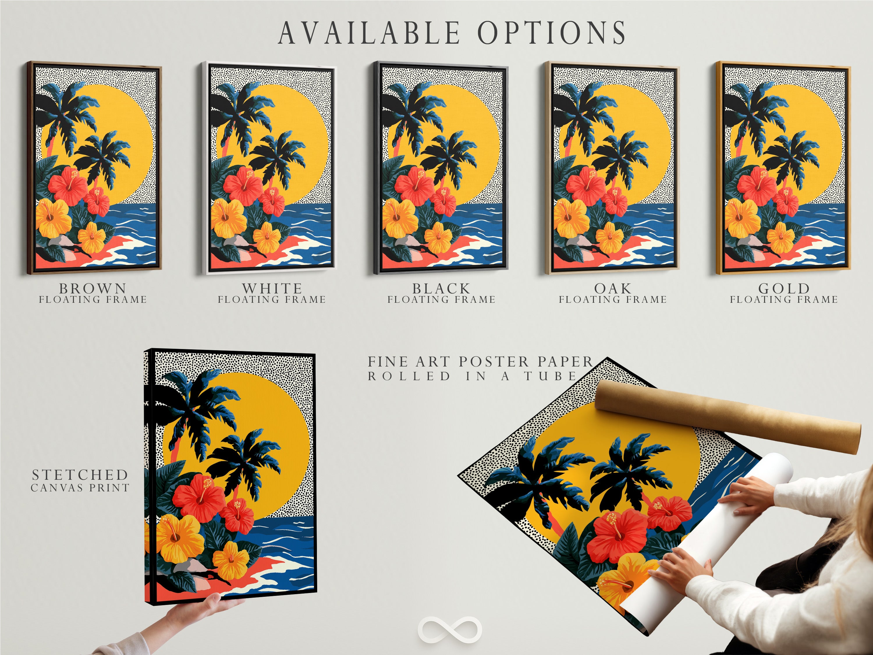 This image displays available options for purchasing artwork. Options include a stretched canvas print fine art poster paper and a floating frame. Customers can choose the option that best suits their style. The image provides a clear overview of the available product formats. Each option offers a unique look.