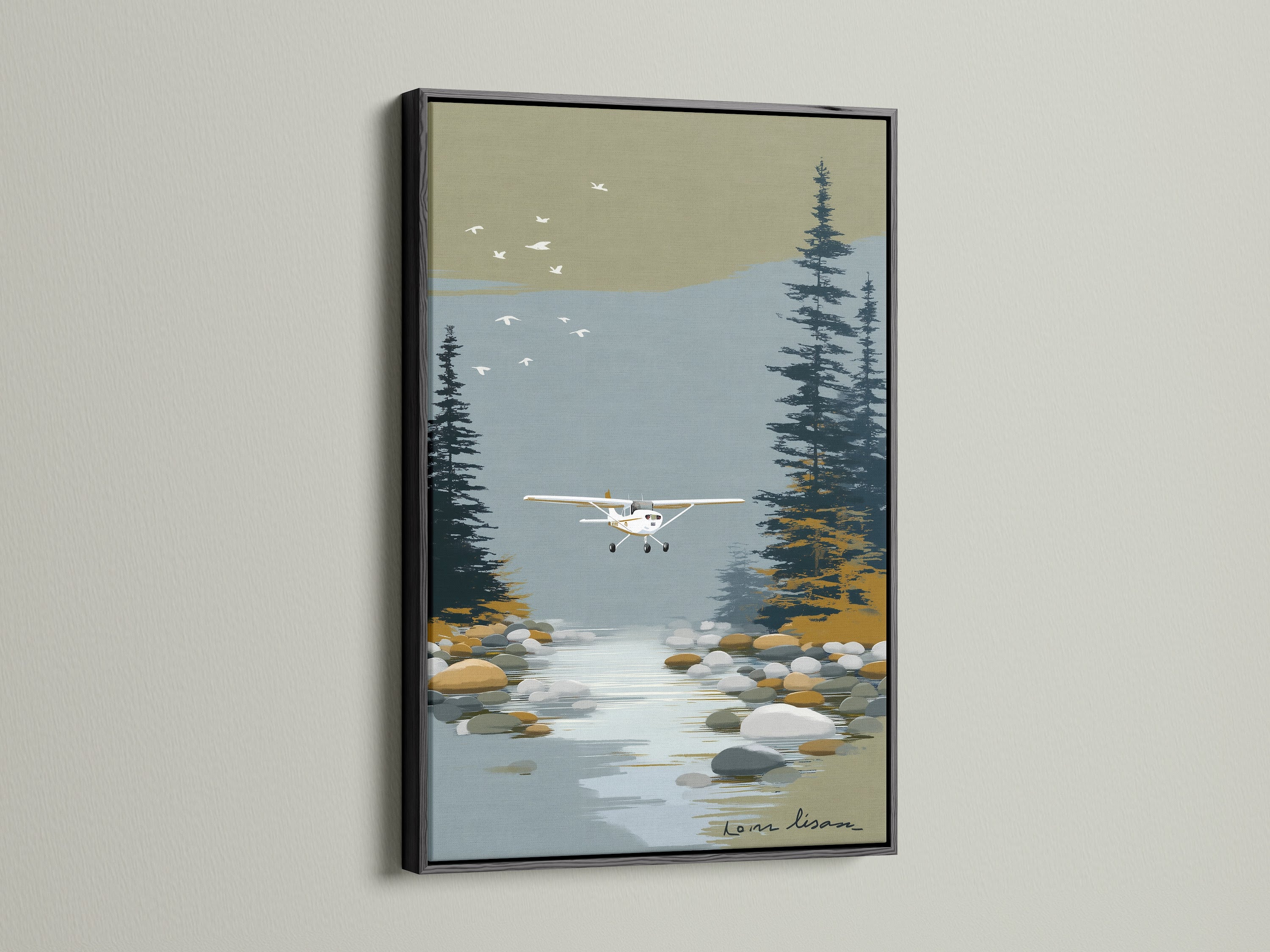 Seaplane art showcased in a sleek black frame. This airplane print complements modern and rustic interiors. It is a great addition to any aviation decor collection. Explore our range of vintage posters. Get your rustic wall art now.