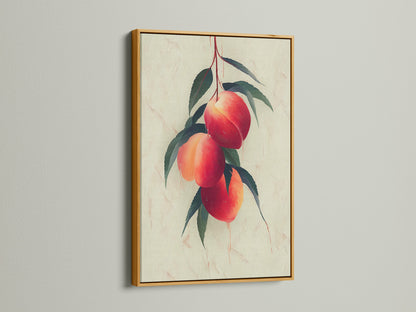 Admire the luxurious touch of a gold frame. It enhances the peach fruit botanical wall art. This artwork is perfect for elevating kitchen decor and farmhouse style. The golden hue adds a touch of glamour. It creates a stunning focal point in any room.