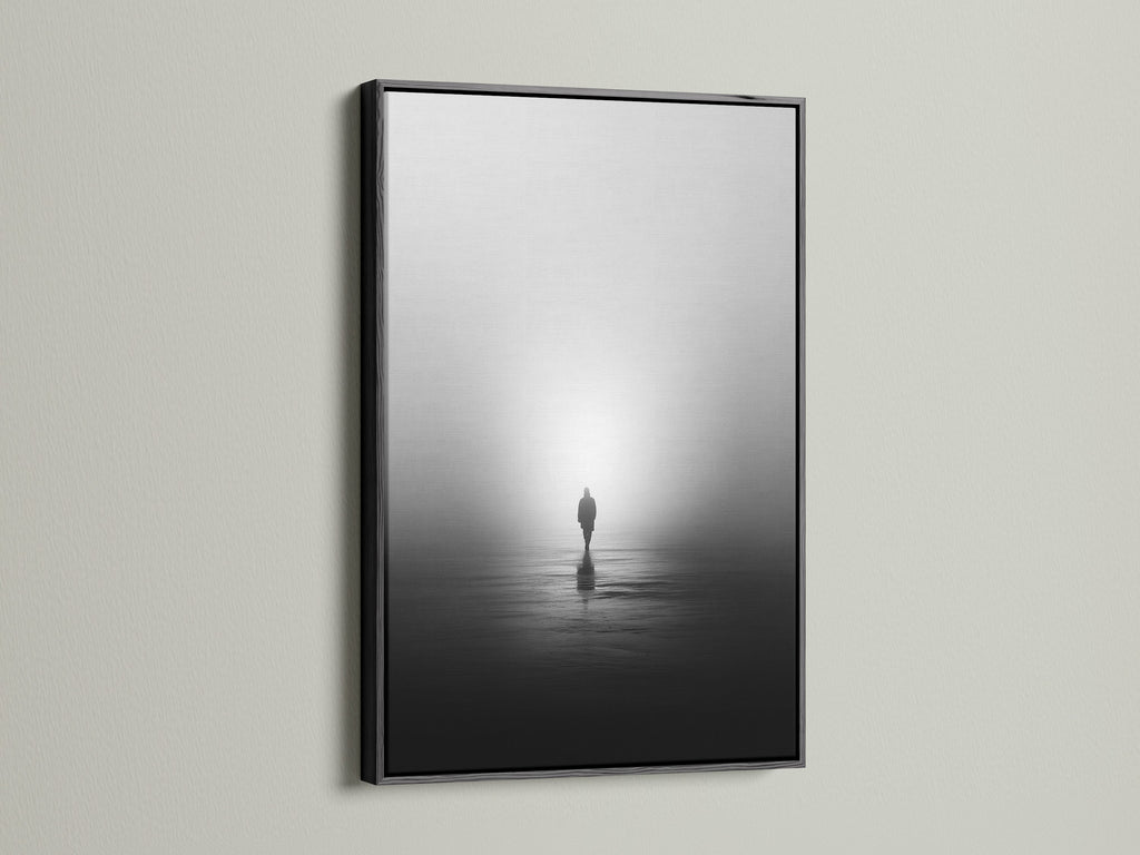 The black frame highlights the modern photography of this piece. This is a minimalist solitude canvas print. The foggy water reflection creates a contemplative mood. The artwork enhances office wall decor.