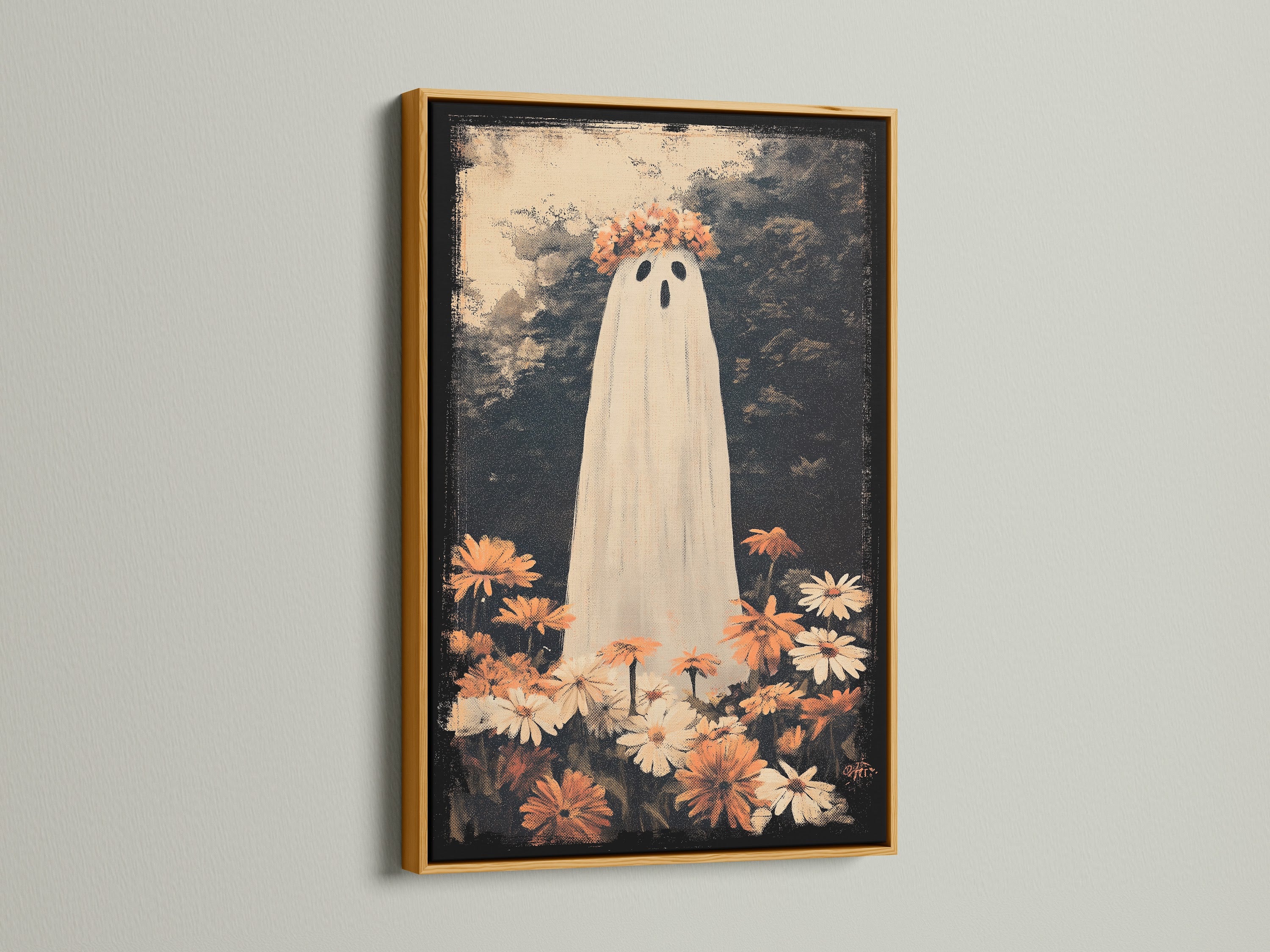 A luxurious gold frame enhances a beautiful ghost artwork. The artwork features a ghost surrounded by flowers. The gold frame adds a touch of elegance and glamour. Ideal for elevating your home decor with a hint of spooky charm. This framed artwork is a statement piece. It will bring style to any space.