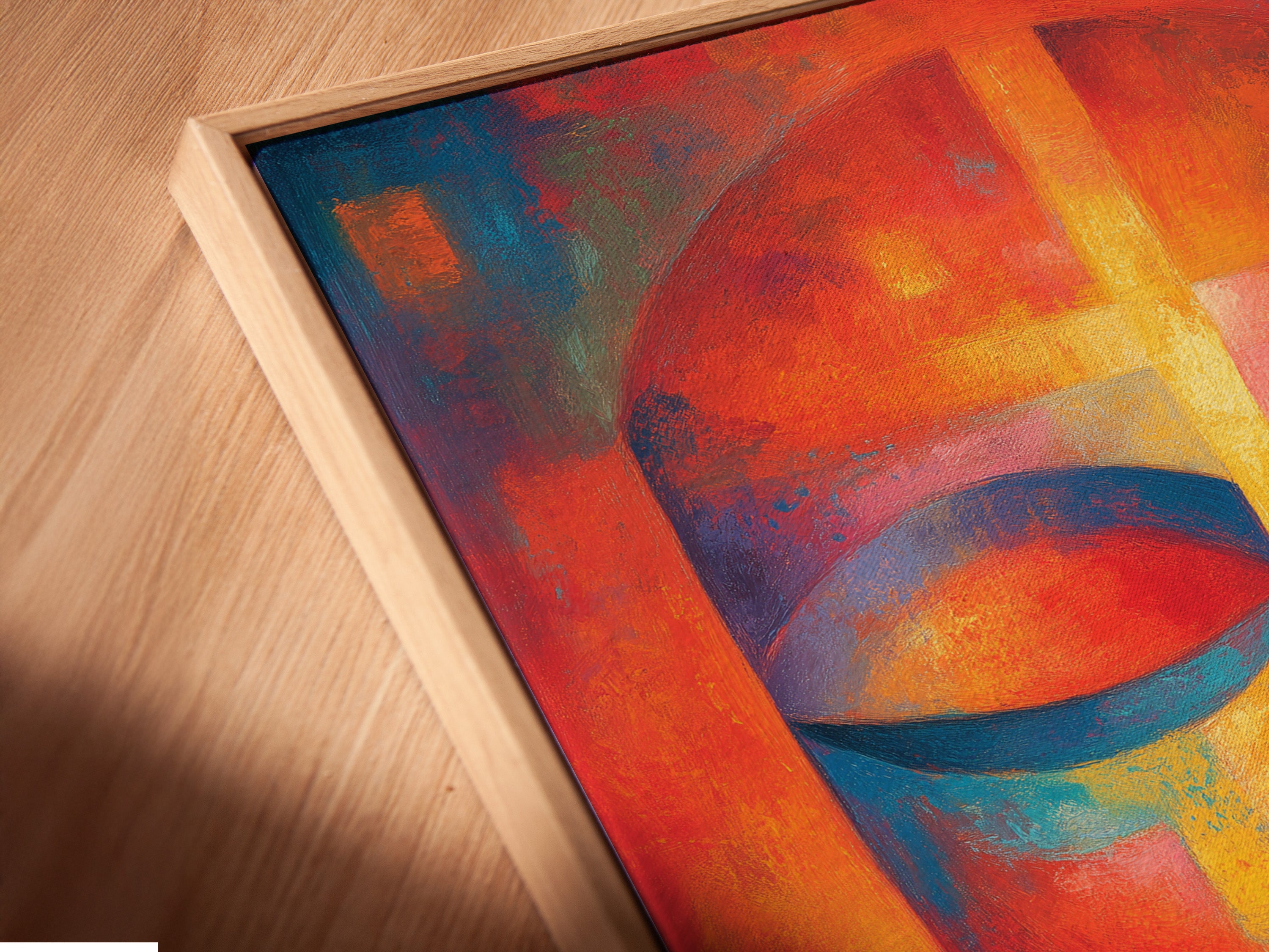 Close-up of a canvas print in a floating frame. The floating frame gives a unique look. It separates the canvas from the wall. This style enhances the artwork's depth. It creates a gallery-like appearance in your home.