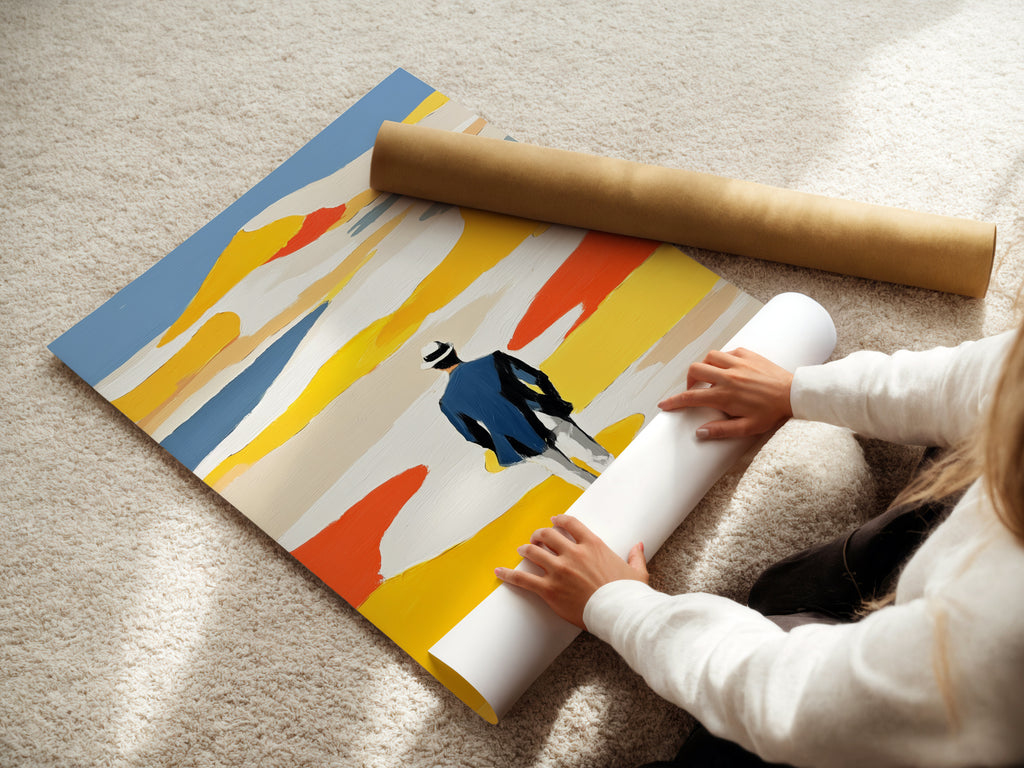 A woman is carefully rolling a fine art poster paper. The poster features an abstract figure art print. The fine art paper ensures high quality and vibrant colors. Perfect for creating stunning modern minimalist wall art.